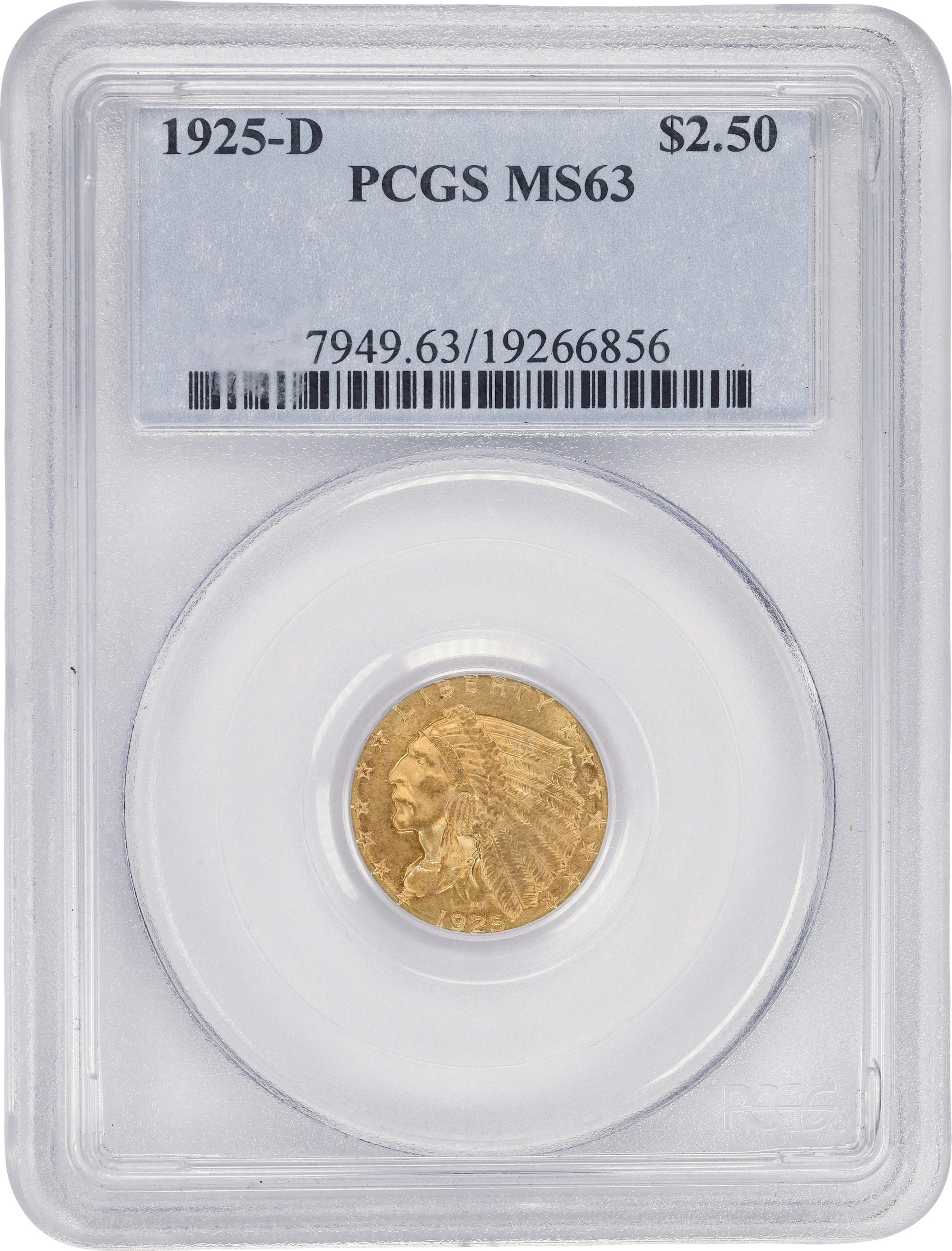 (0.121 oz, 3.764 g AGW). 1925-D Indian Head Quarter Eagle Gold $2.50.