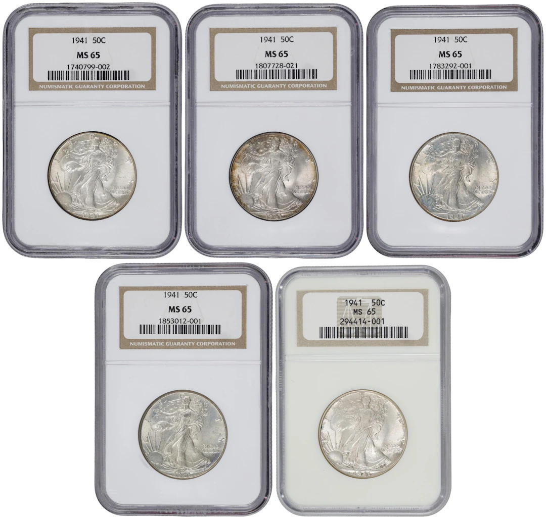 Lot of (5) 1941 Walking Liberty Half Dollars. MS-65 (NGC).