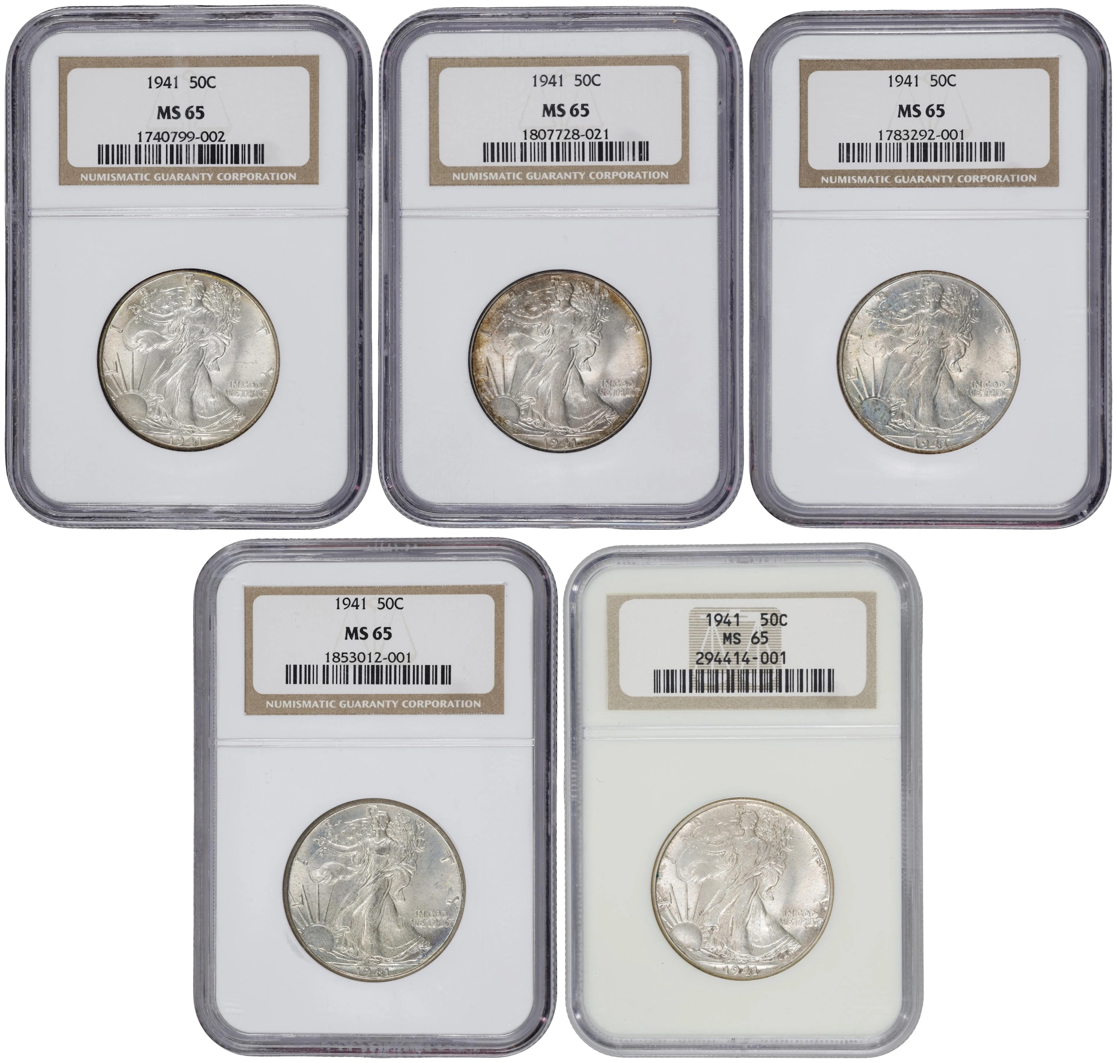 Lot of (5) 1941 Walking Liberty Half Dollars. MS-65 (NGC).