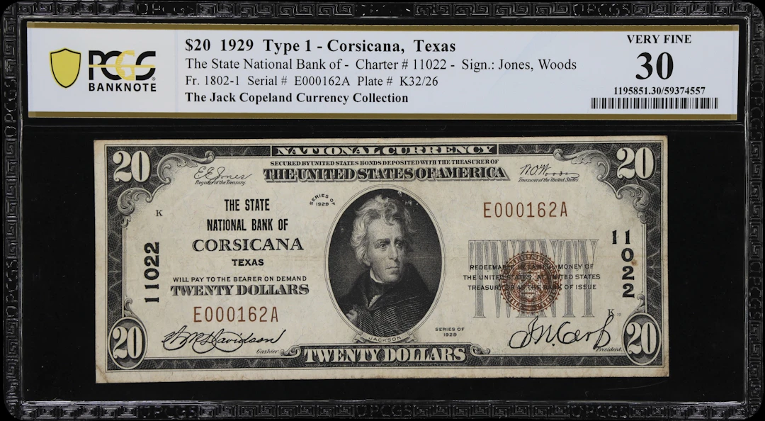 Corsicana, Texas. $20 1929 Ty. 1. Fr. 1802-1. State NB. Charter #11022.