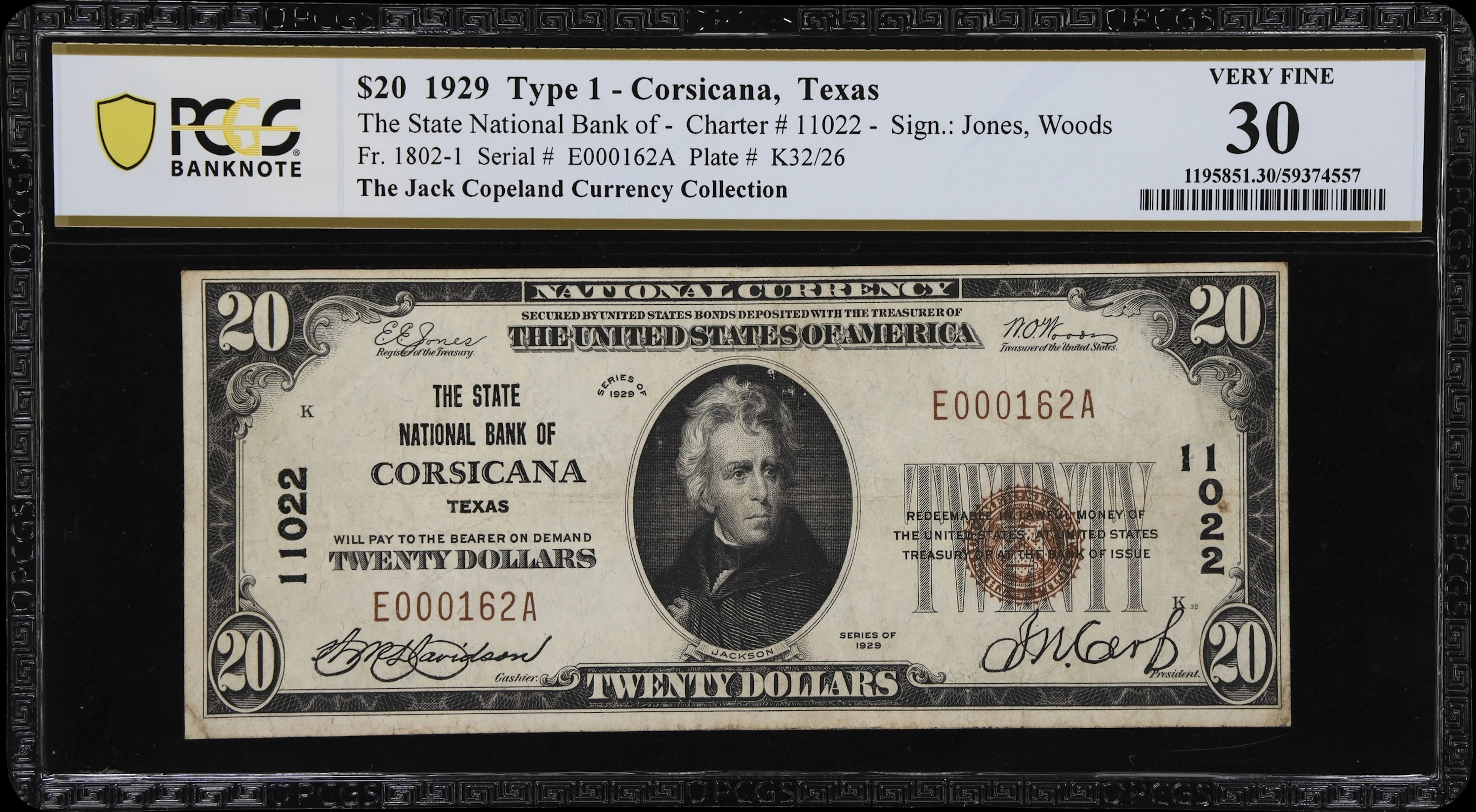 Corsicana, Texas. $20 1929 Ty. 1. Fr. 1802-1. State NB. Charter #11022.