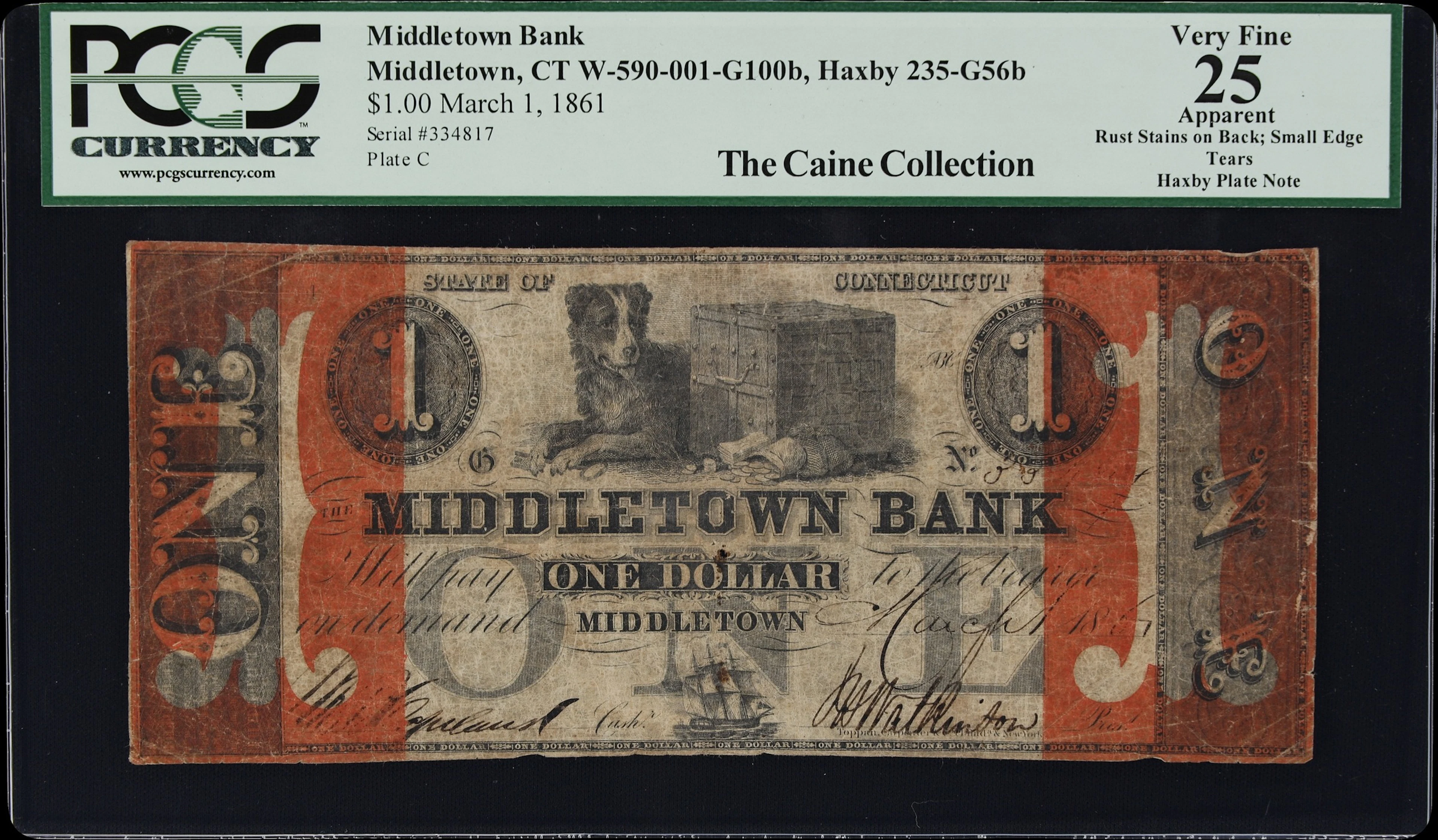Middletown, Connecticut. Middletown Bank. 1861 $1. PCGS Currency Very