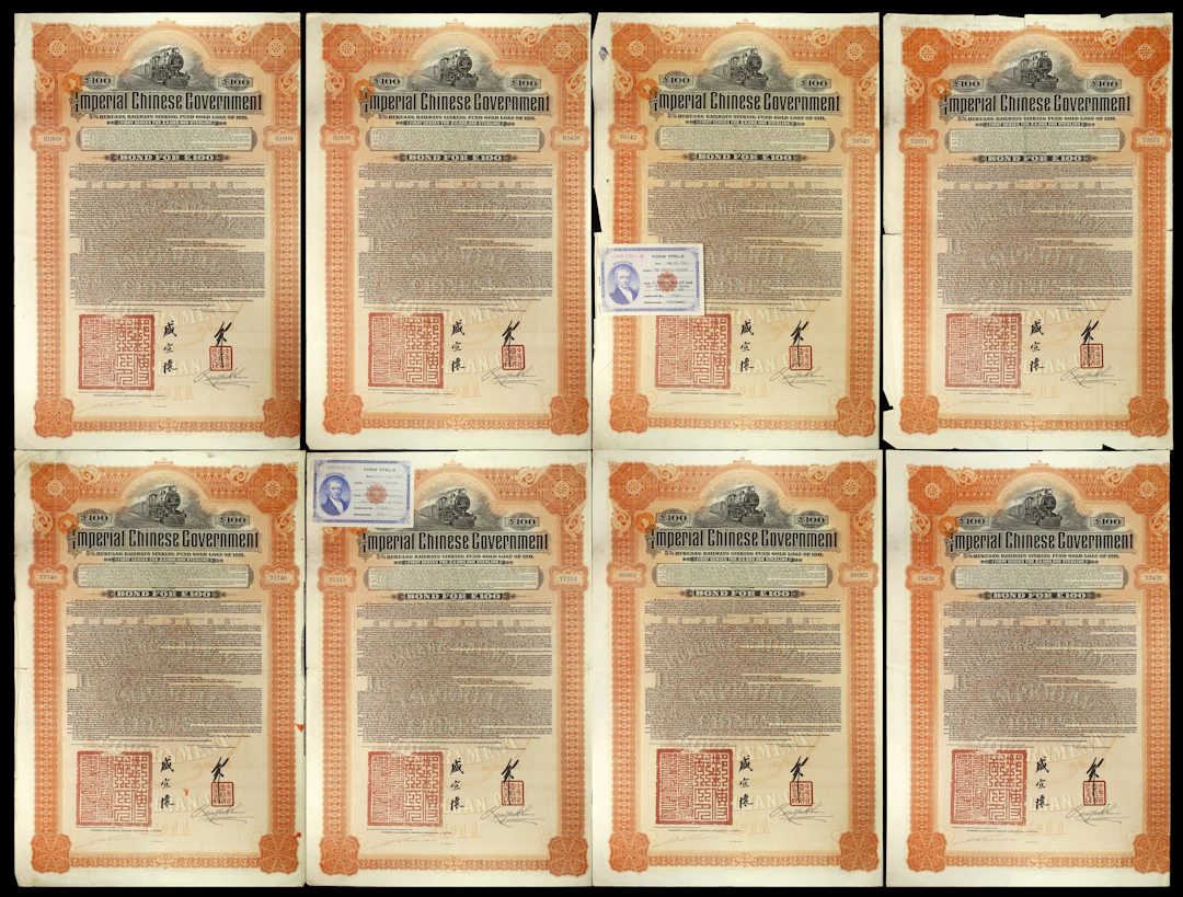 CHINA--EMPIRE. Lot of (8). 1911 5% Imperial Chinese Government Hukuang