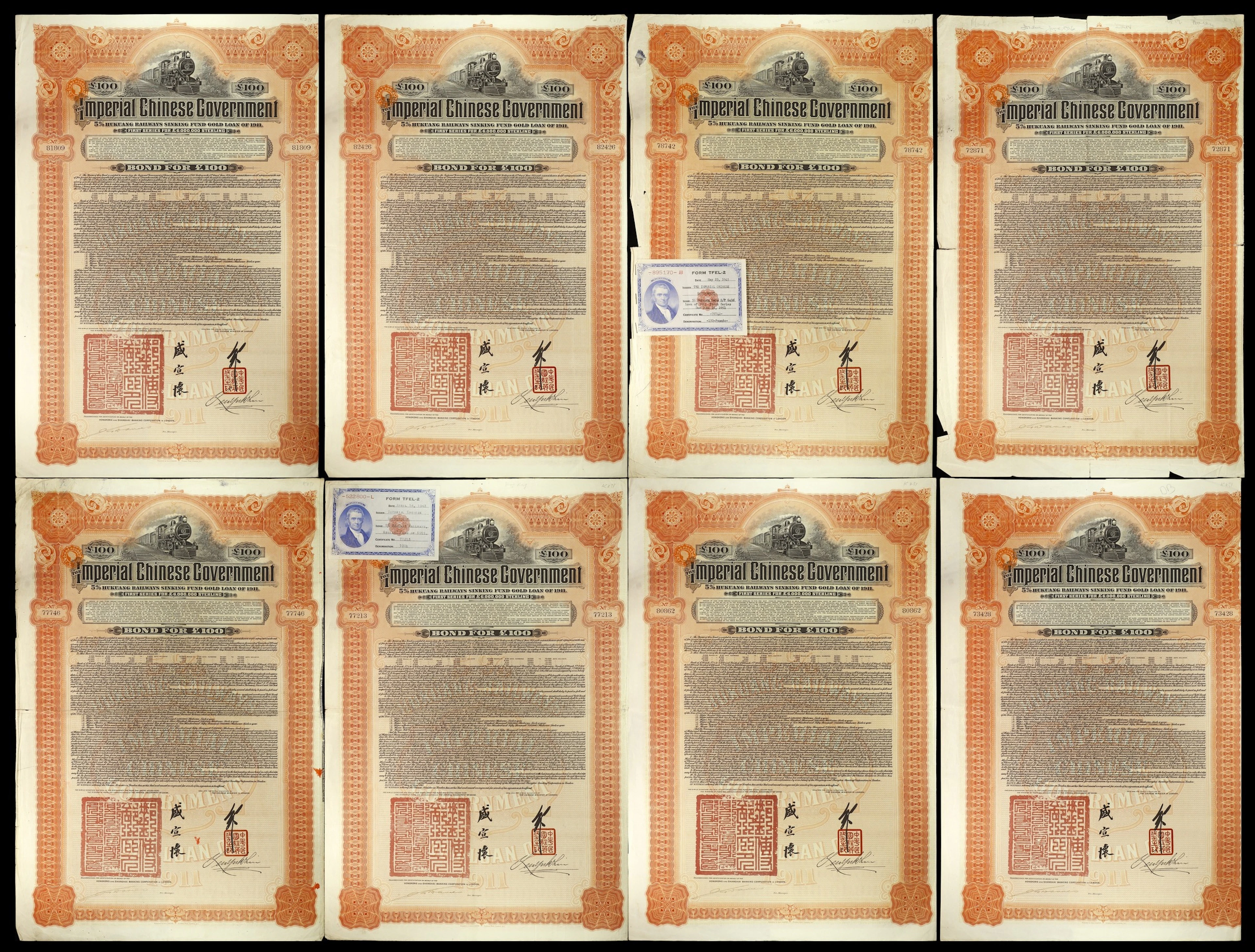 CHINA--EMPIRE. Lot of (8). 1911 5% Imperial Chinese Government Hukuang