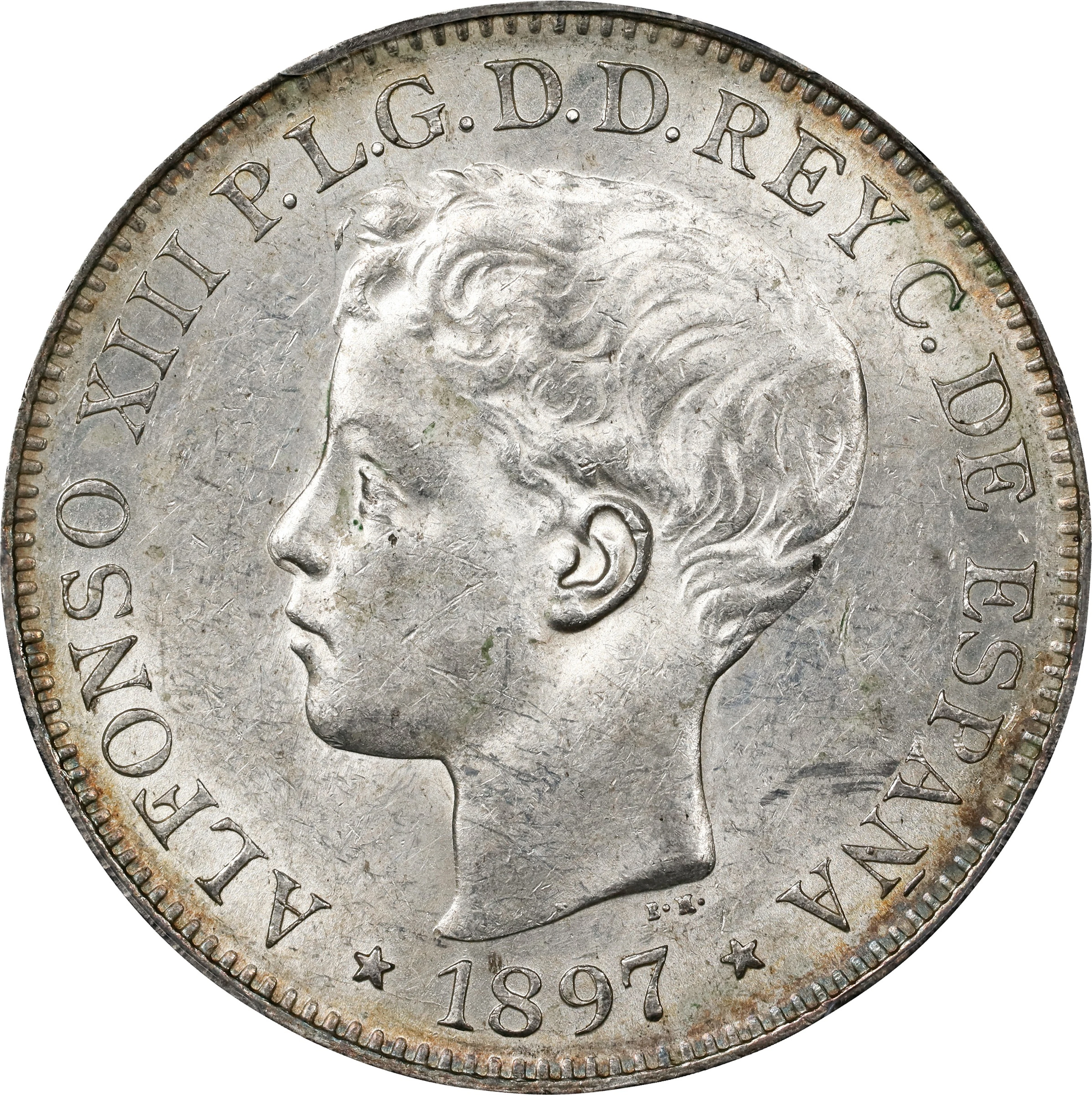 PHILIPPINES. Peso, 1897-SG V. Manila Mint. Alfonso XIII. PCGS AU-58.