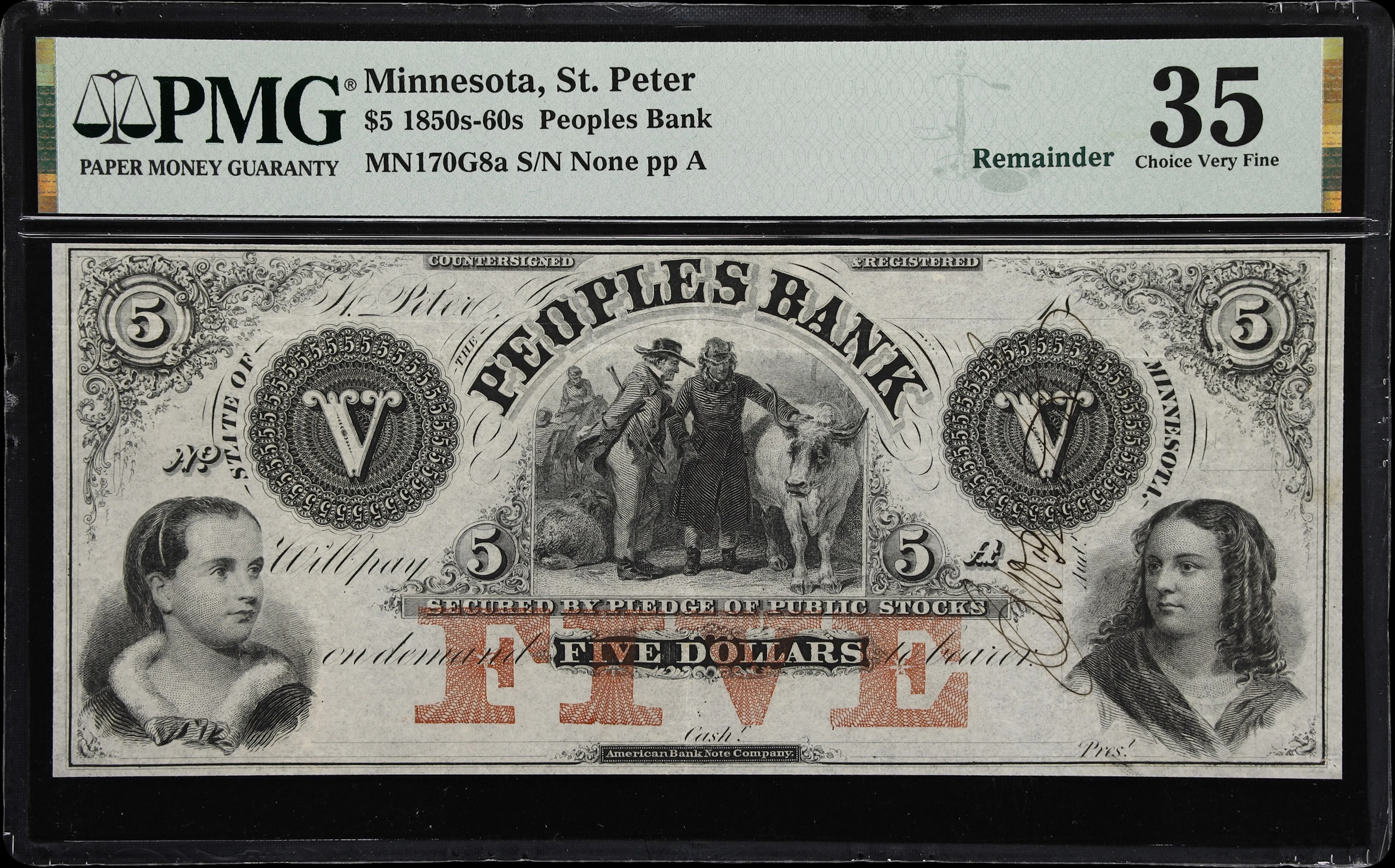 St. Peter, Minnesota. Peoples Bank. 18xx $5. PMG Choice Very Fine