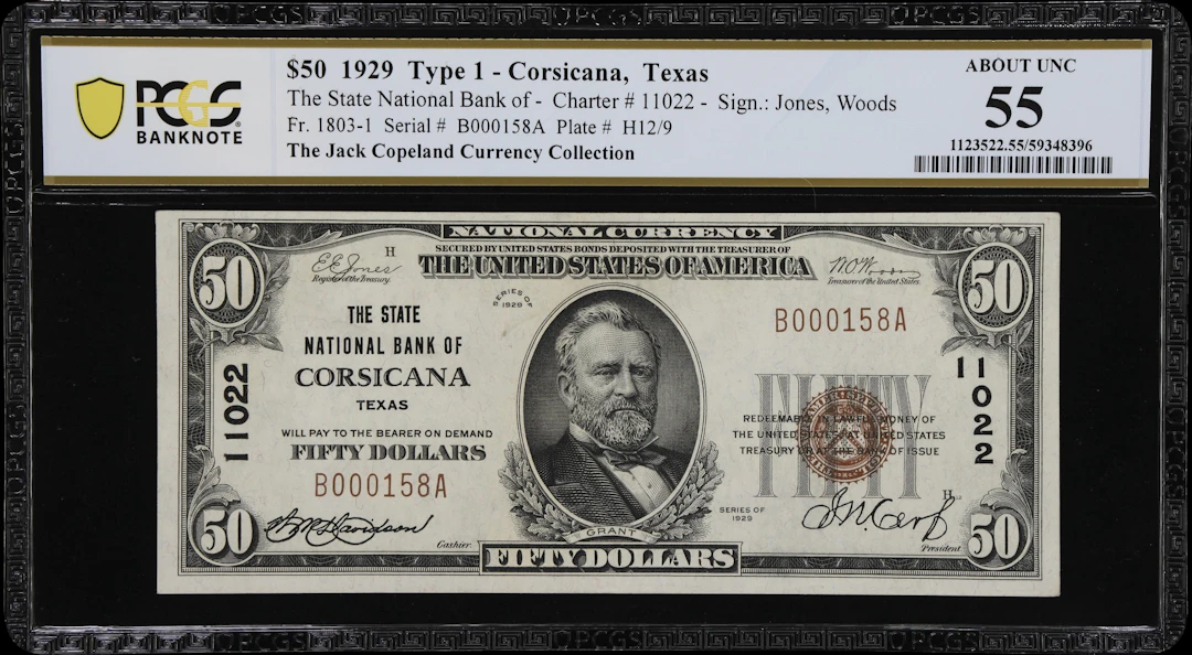 Corsicana, Texas. $50 1929 Ty. 1. Fr. 1803-1. State NB. Charter #11022.