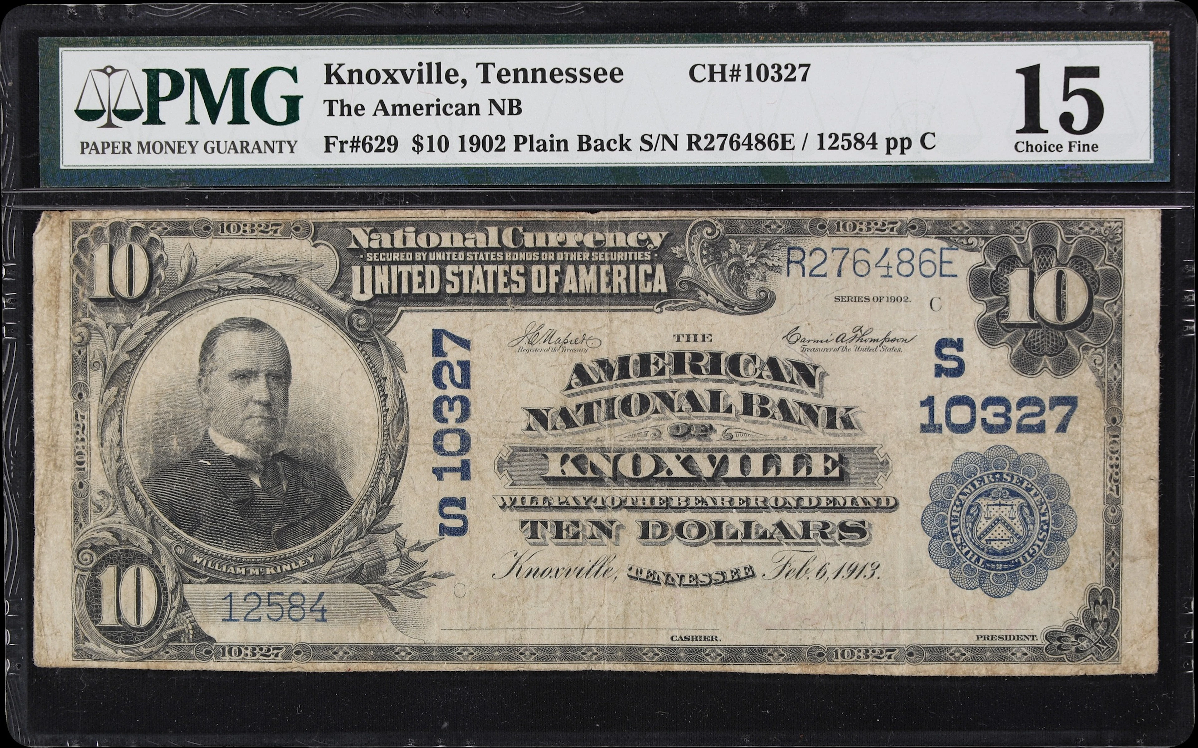 Knoxville, Tennessee. $10 1902 Plain Back. Fr. 629. American NB. Charter