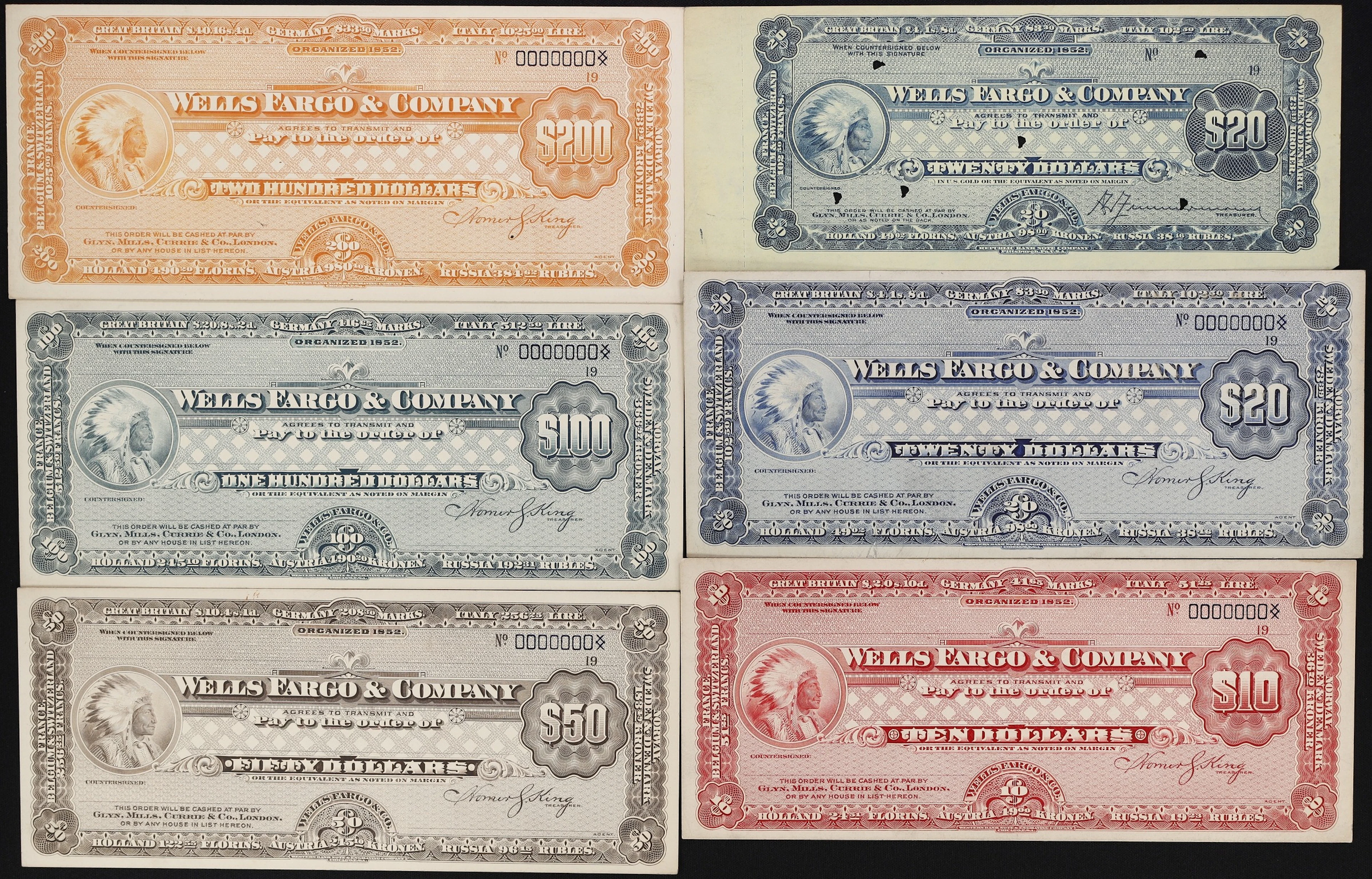 Lot of (6) Wells Fargo & Company - Blank Money Orders. 19xx Mixed