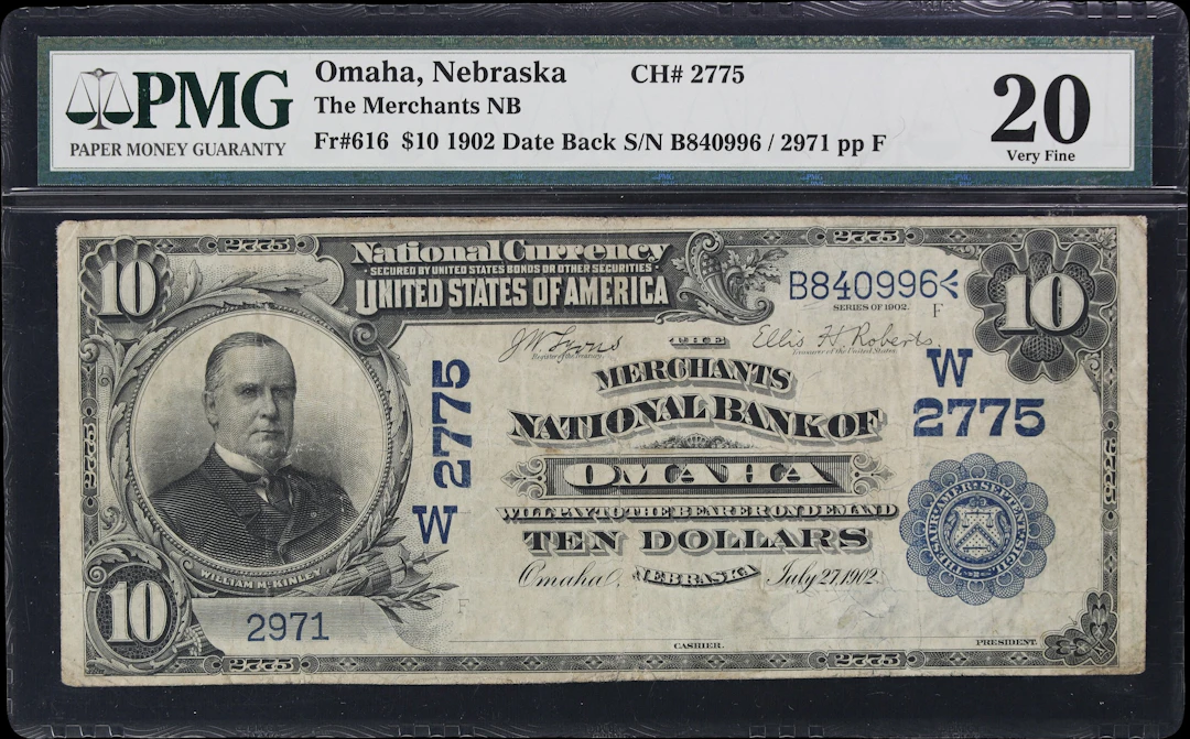 Omaha, Nebraska. $10 1902 Date Back. Fr. 616. Merchants NB. Charter