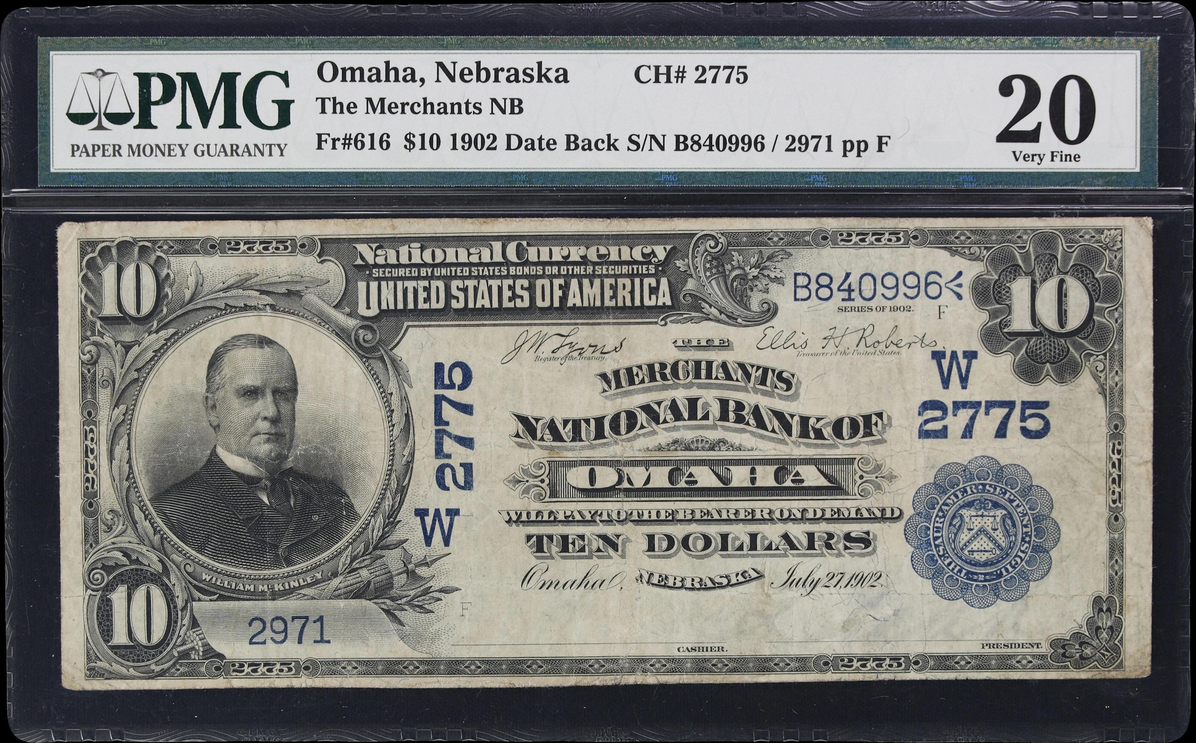 Omaha, Nebraska. $10 1902 Date Back. Fr. 616. Merchants NB. Charter