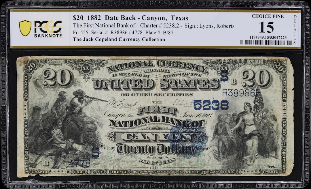Canyon, Texas. $20 1882 Date Back. Fr. 555. First NB. Charter #5238.