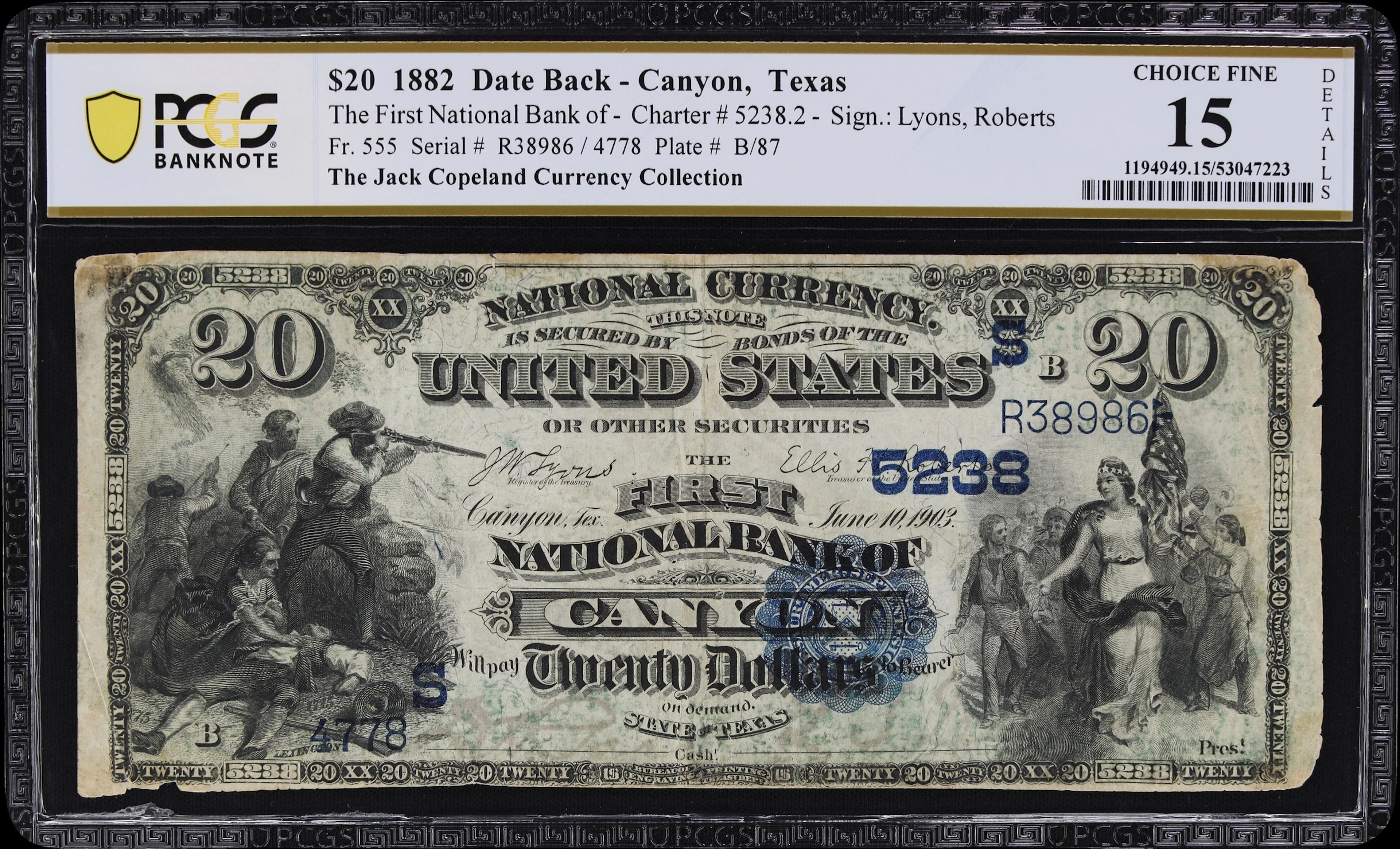Canyon, Texas. $20 1882 Date Back. Fr. 555. First NB. Charter #5238.