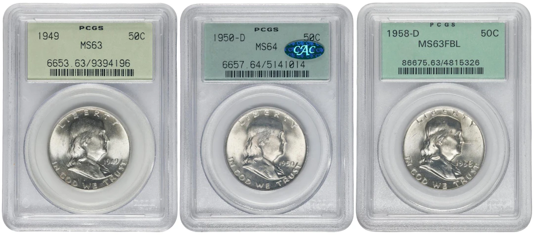 Lot of (3) Franklin Half Dollars. (PCGS). OGH.
