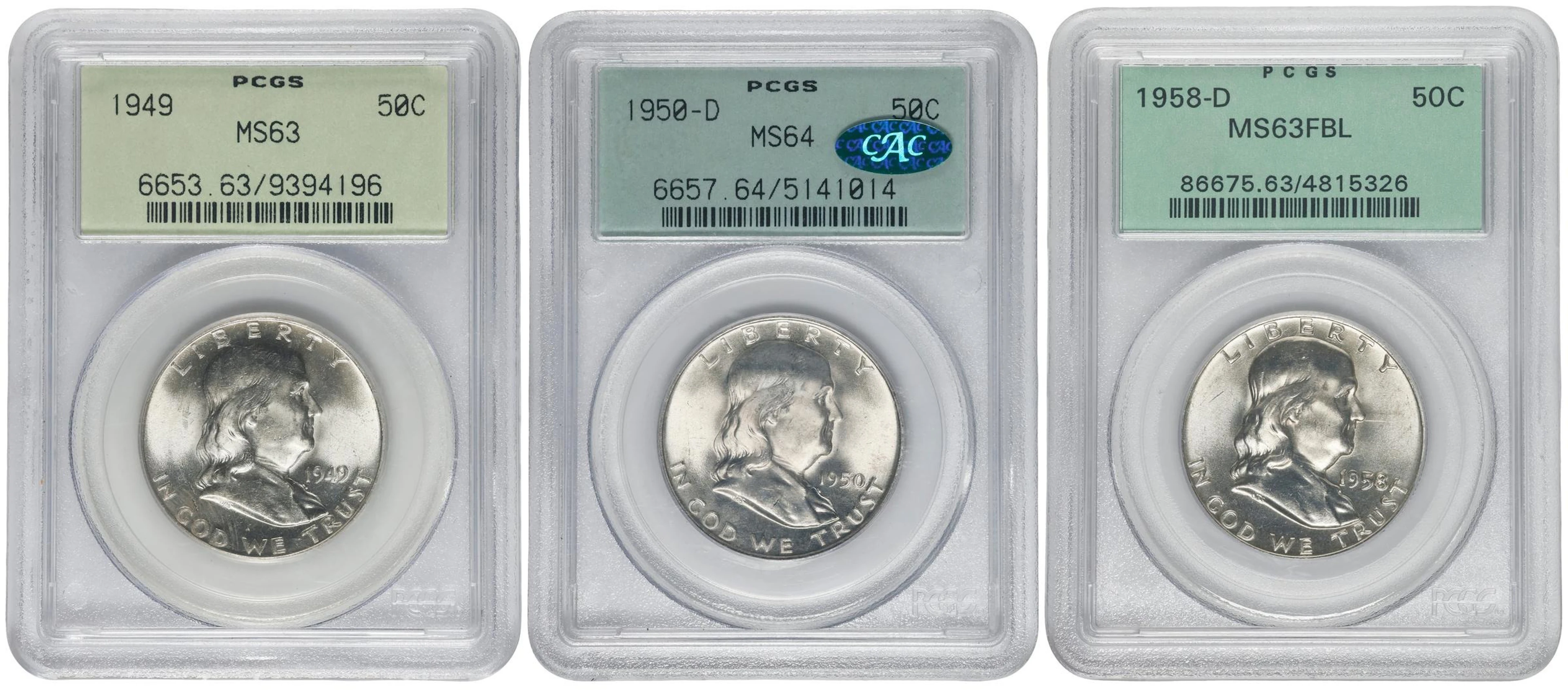 Lot of (3) Franklin Half Dollars. (PCGS). OGH.
