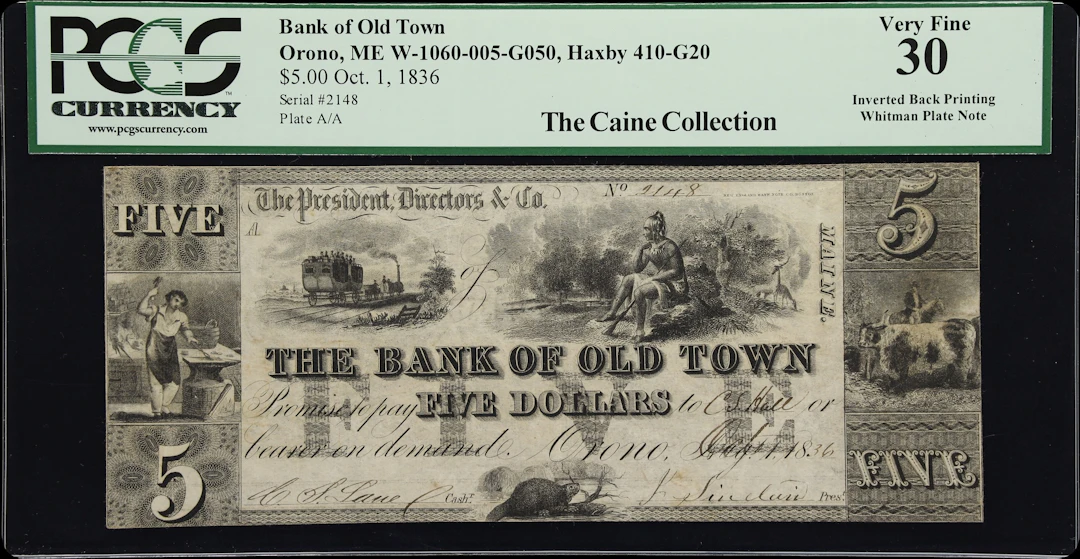 Orono, Maine. Bank of Old Town. 1836 $5. PCGS Currency Very Fine 30.