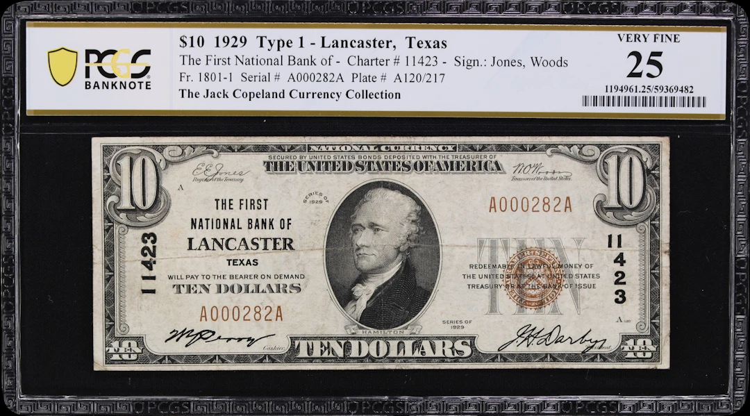 Lancaster, Texas. $10 1929 Ty. 1. Fr. 1801-1. First NB. Charter #11423.
