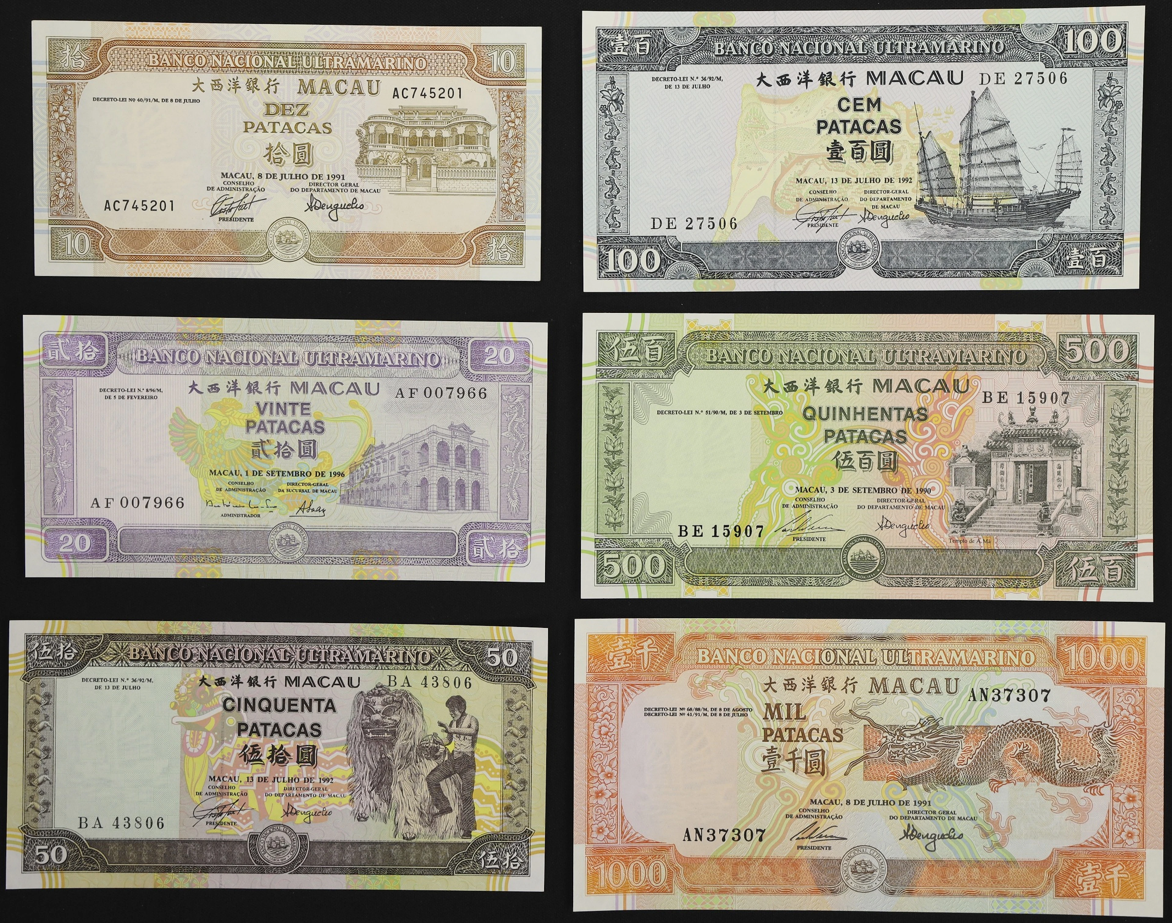 MACAU (SAR). Lot of (6). Banco Nacional Ultramarino. 10, 20, 50, 100