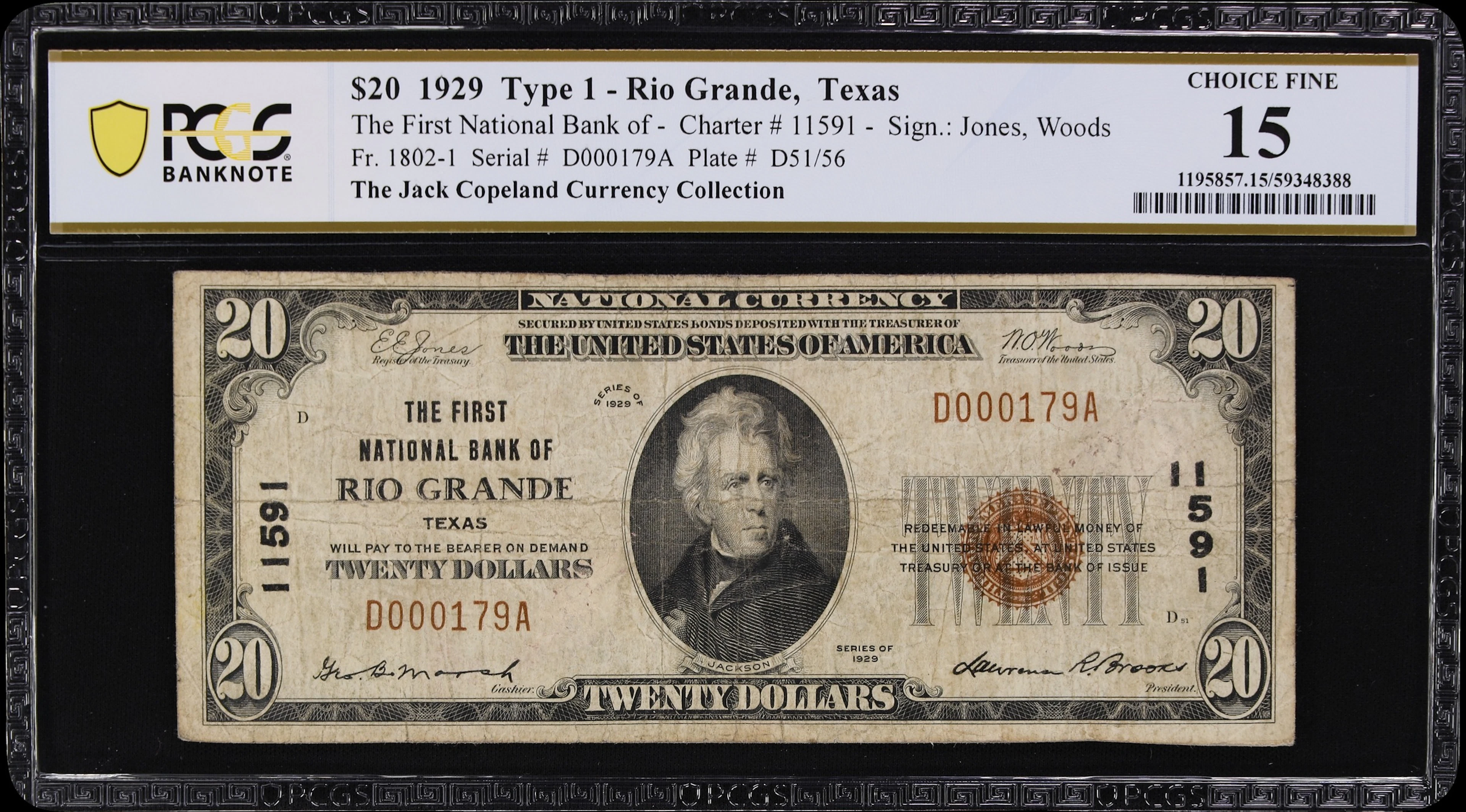 Rio Grande, Texas. $20 1929 Ty. 1. Fr. 1802-1. First NB. Charter #11591.