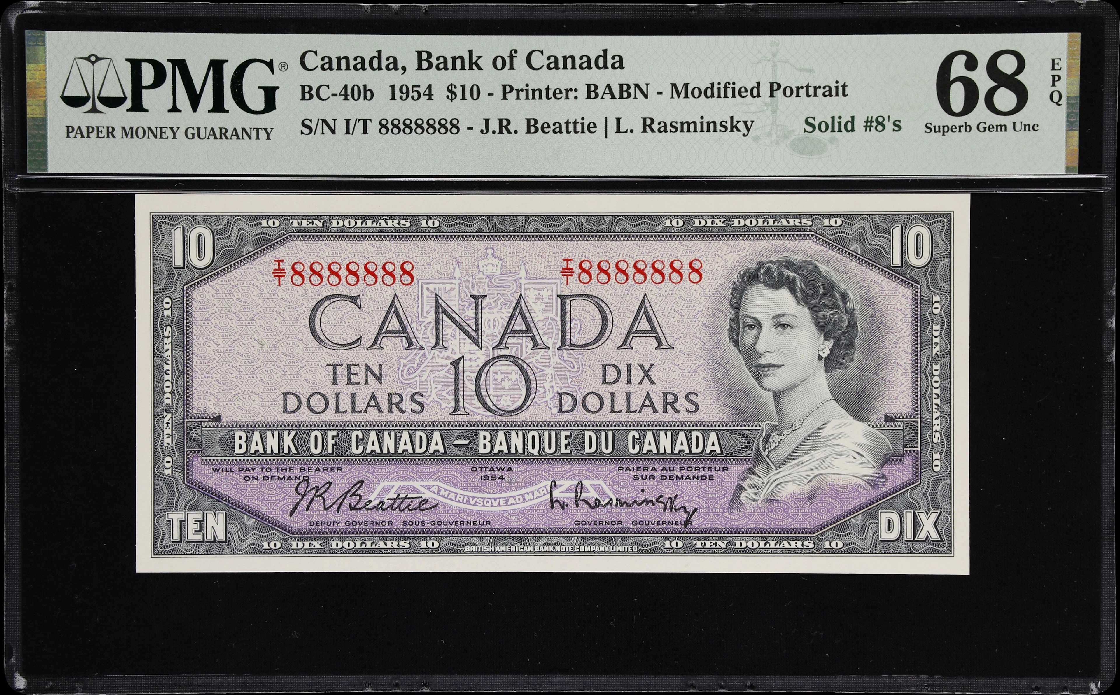 CANADA--FANCY SERIAL NUMBERS. Bank of Canada. 10 Dollars, 1954. BC-40b.