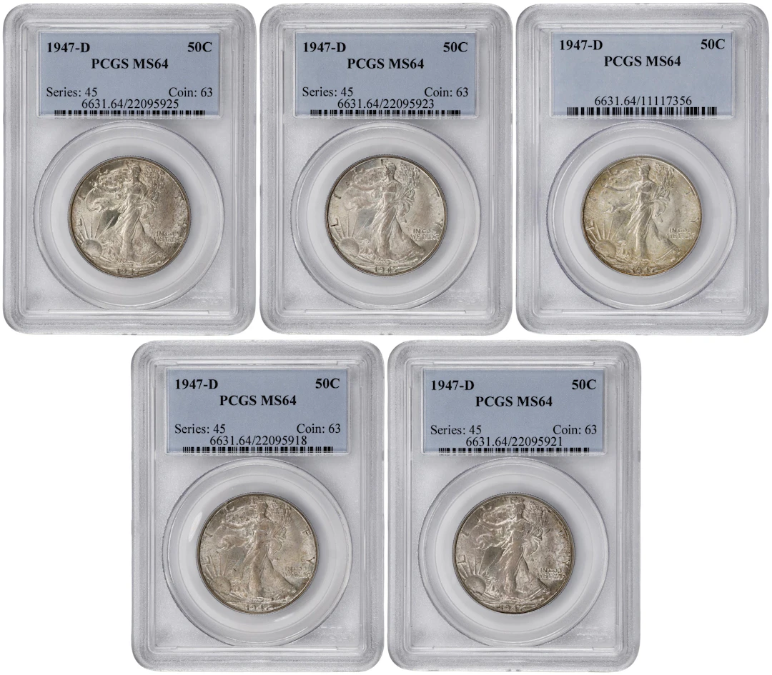 Lot of (5) 1947-D Walking Liberty Half Dollars. MS-64 (PCGS).