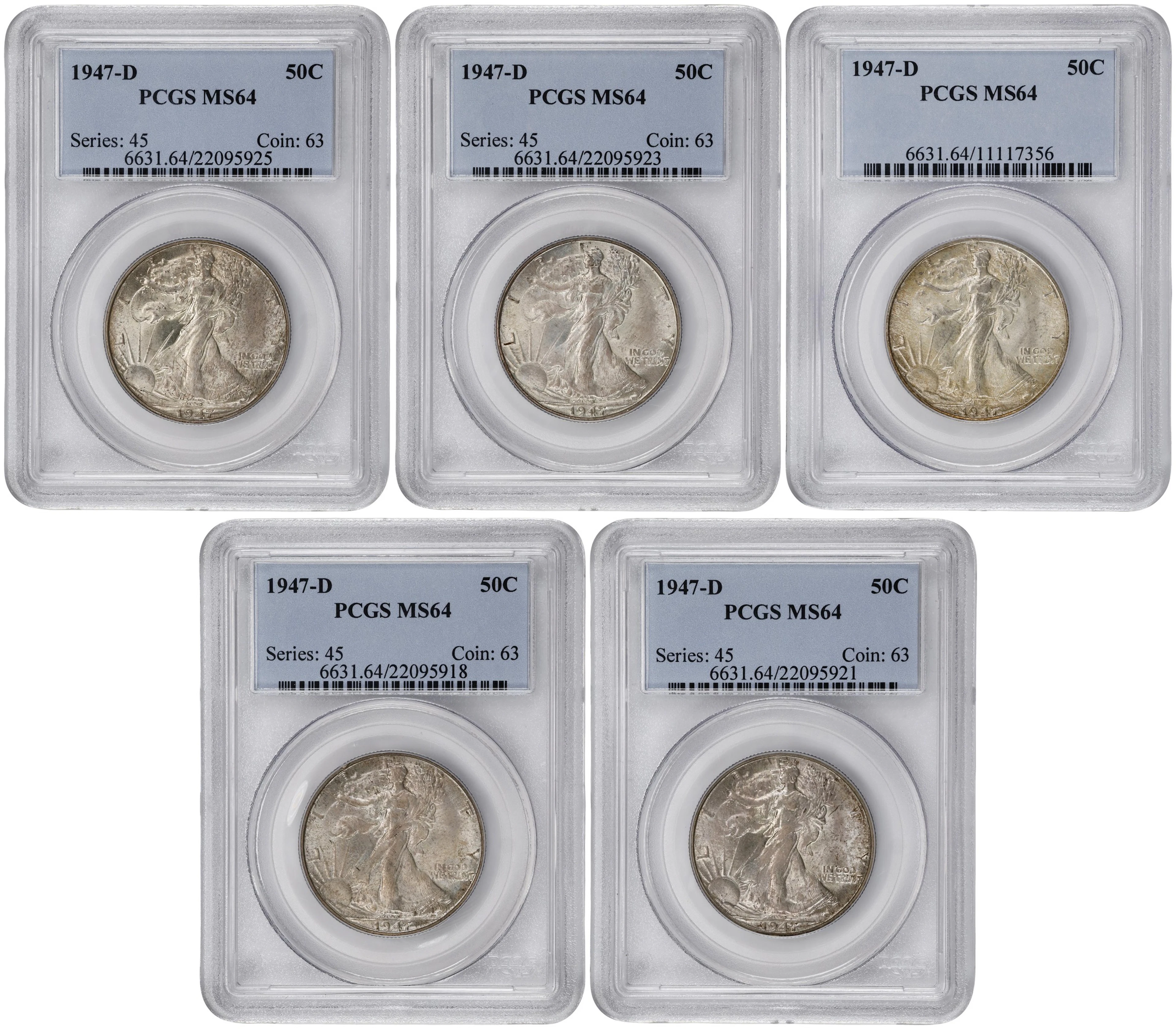 Lot of (5) 1947-D Walking Liberty Half Dollars. MS-64 (PCGS).