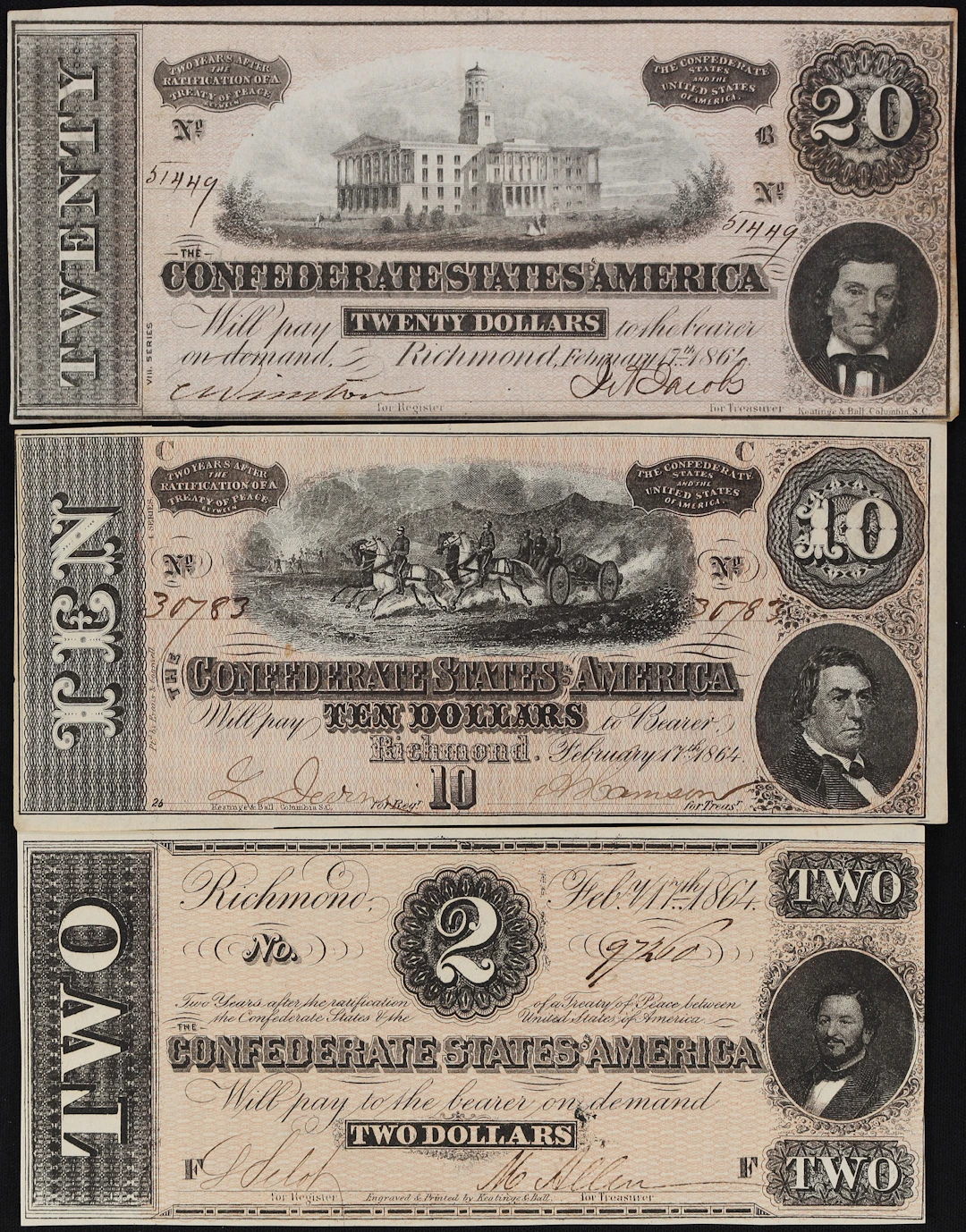 Lot of (3) T-67, T-68, & T-70. Confederate Currency. 1864 $2, $10