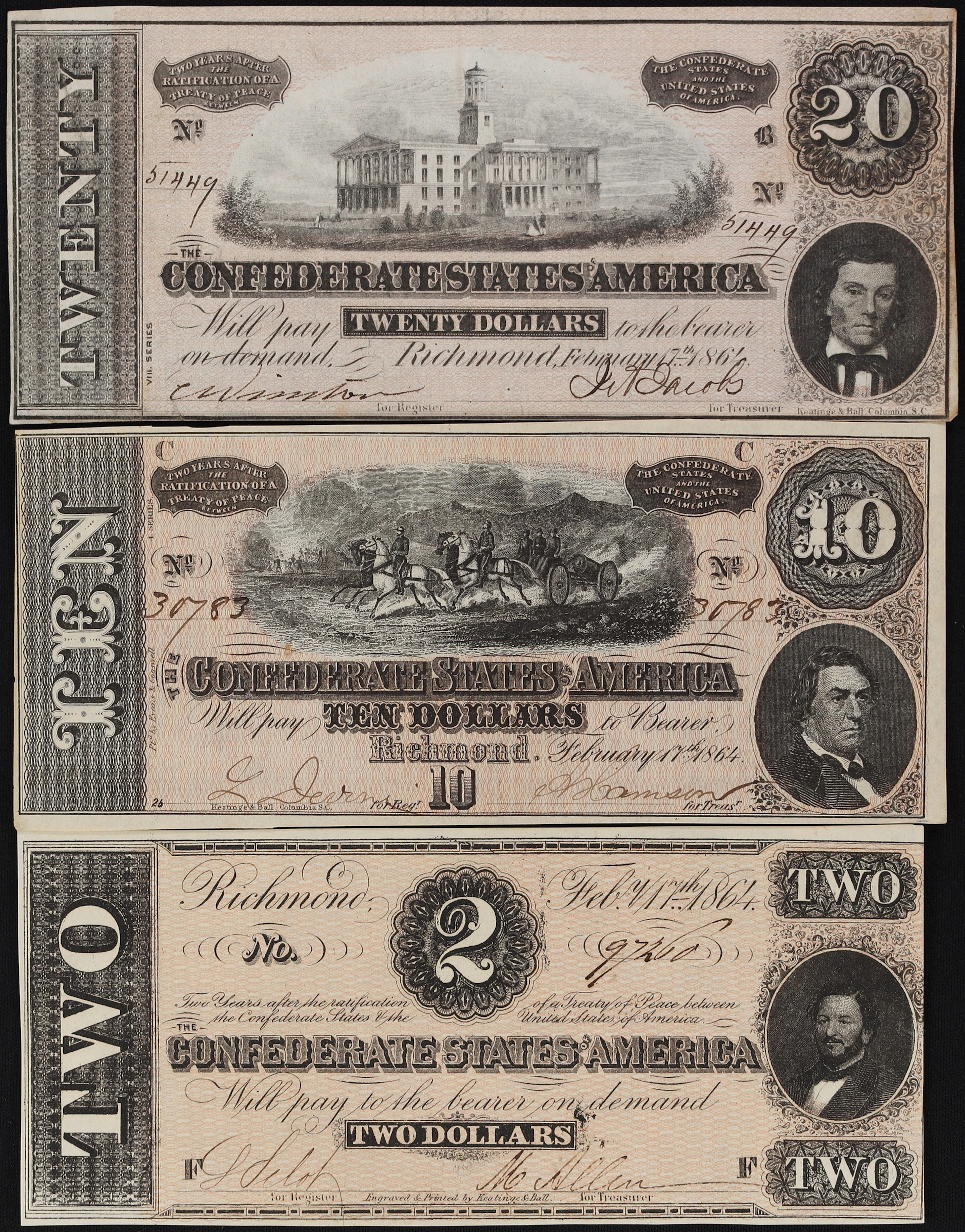 Lot of (3) T-67, T-68, & T-70. Confederate Currency. 1864 $2, $10