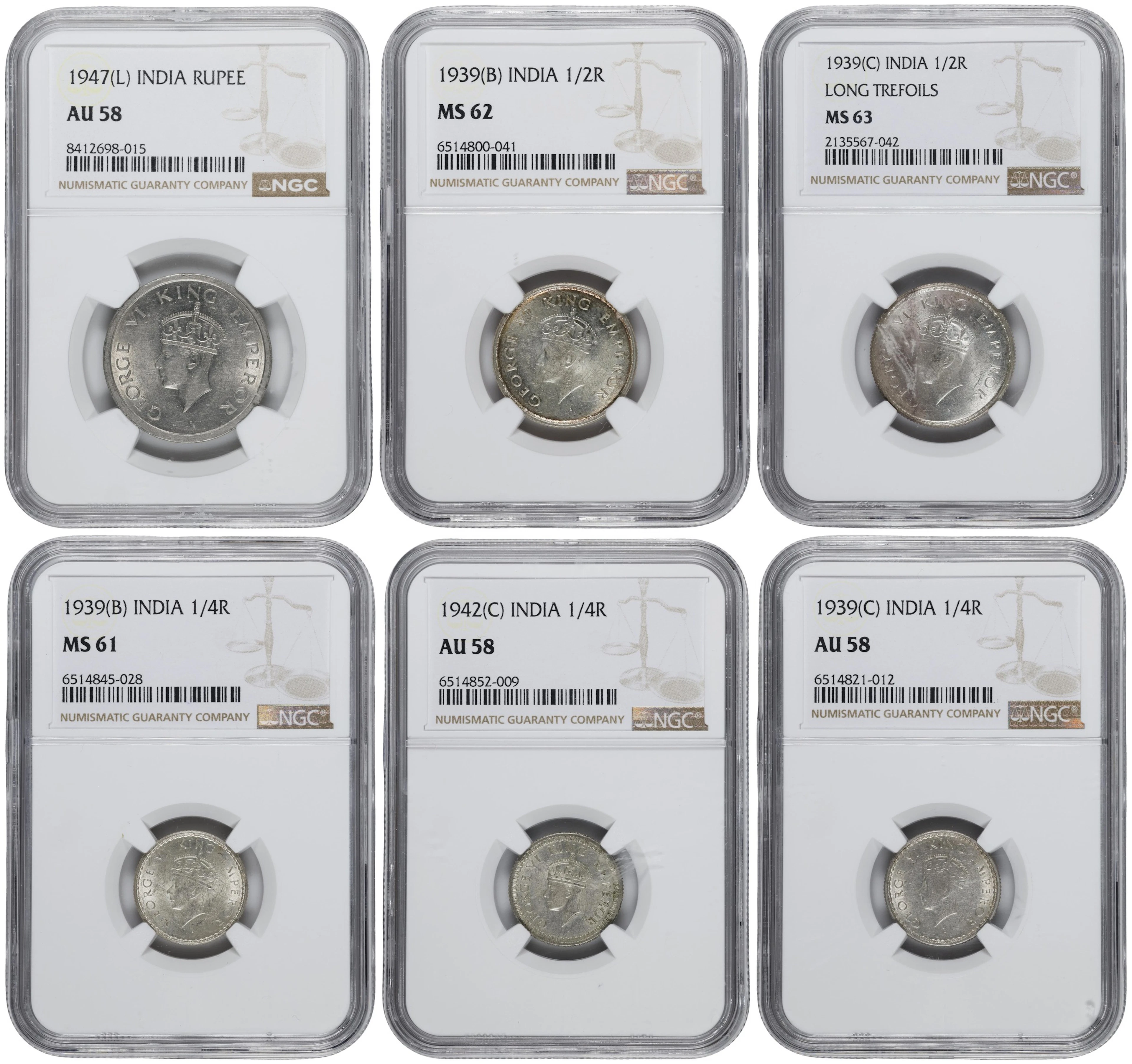 INDIA. Sextet of Mixed Denominations (6 Pieces), 1939-47. George VI.