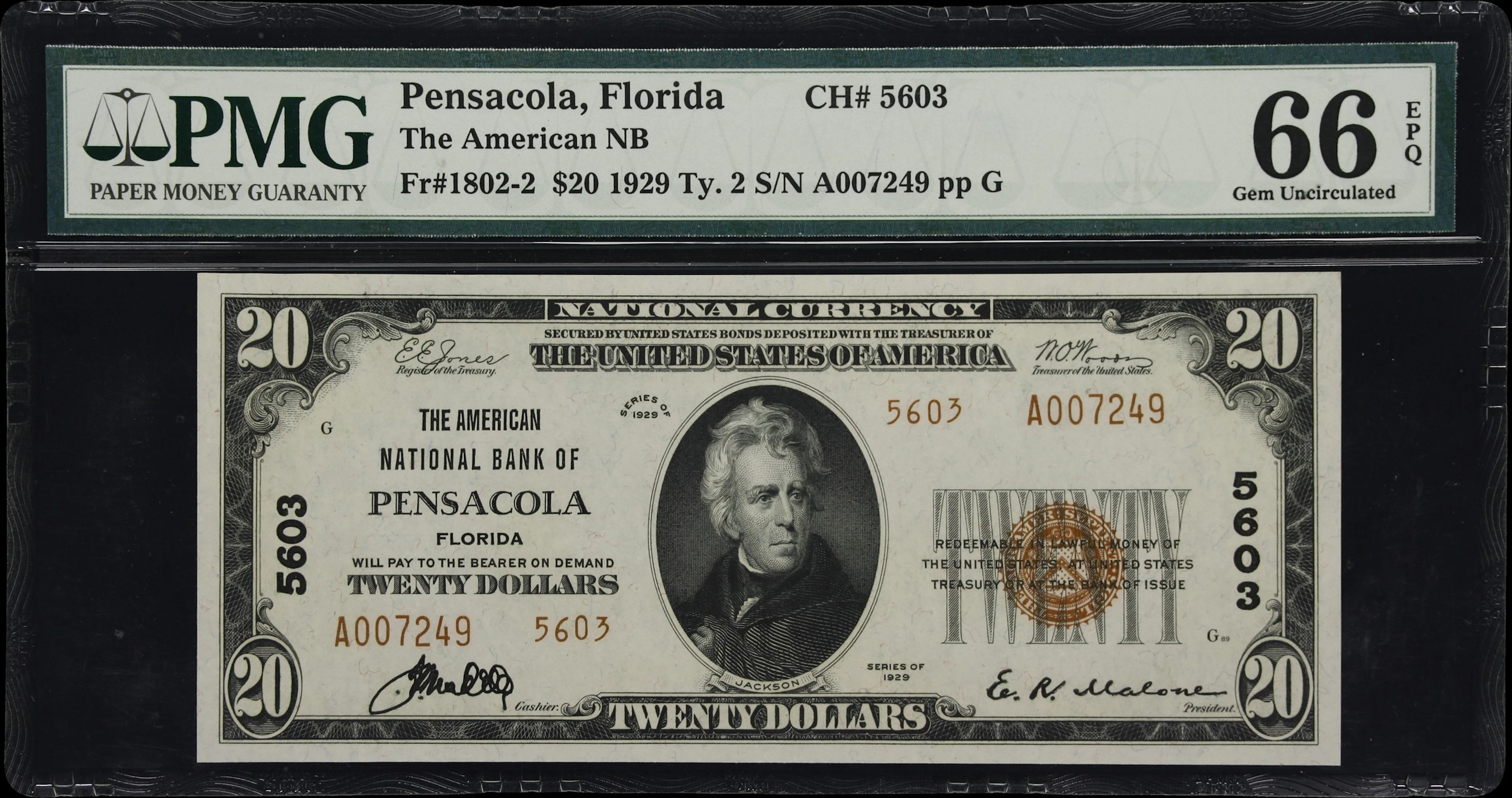 Pensacola, Florida. $20 1929 Ty. 2. Fr. 1802-2. American NB. Charter