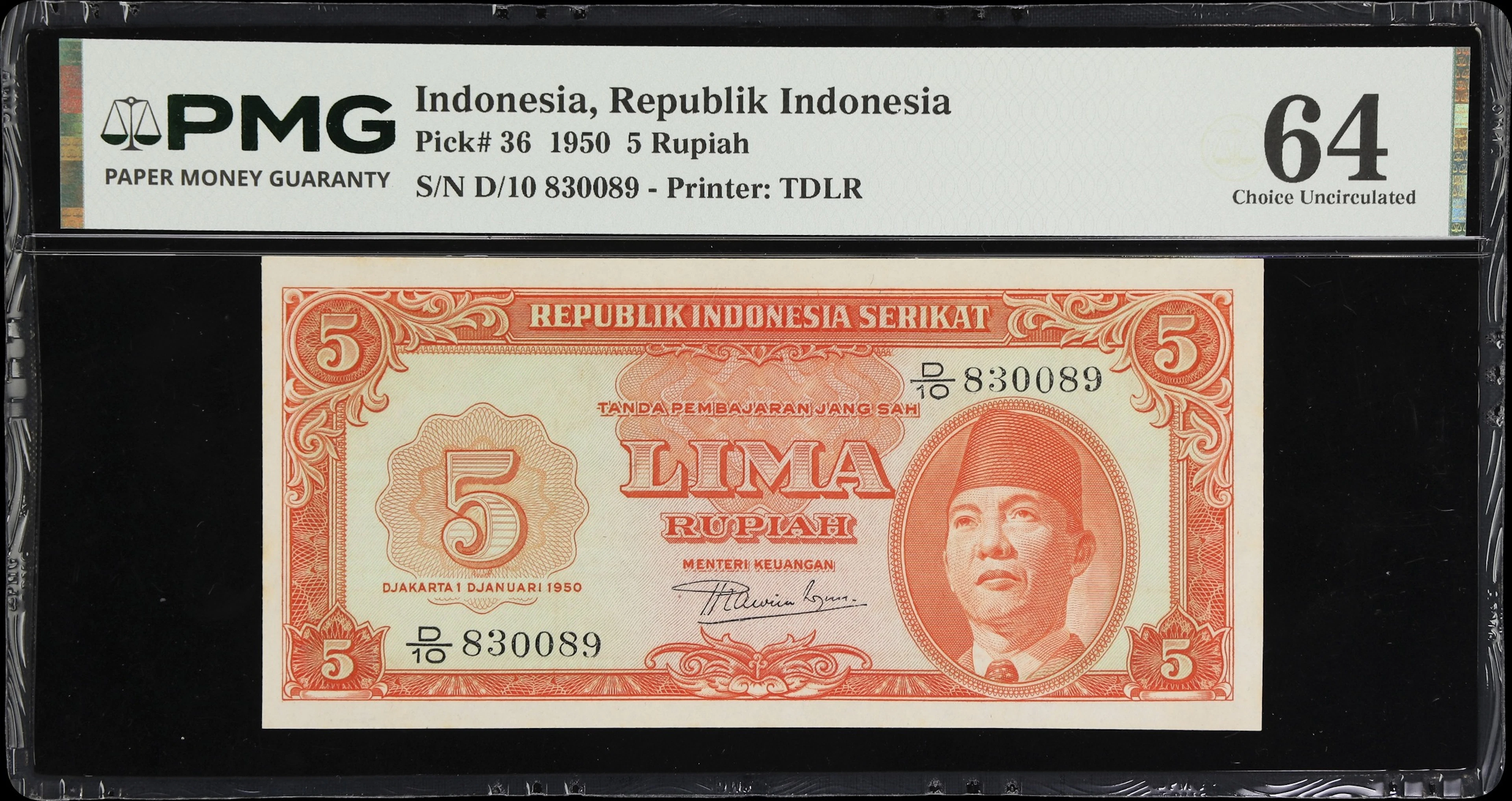 INDONESIA. United Republik of Indonesia. 5 Rupiah, 1.1.1950. P-36.