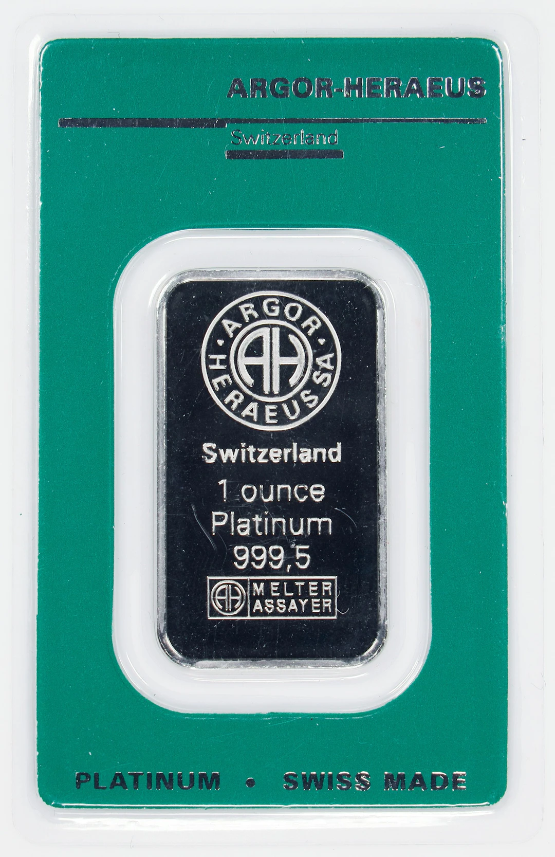 (1 oz, 31.104 g APtW). Argor Heraeus 1 oz Platinum Bar.