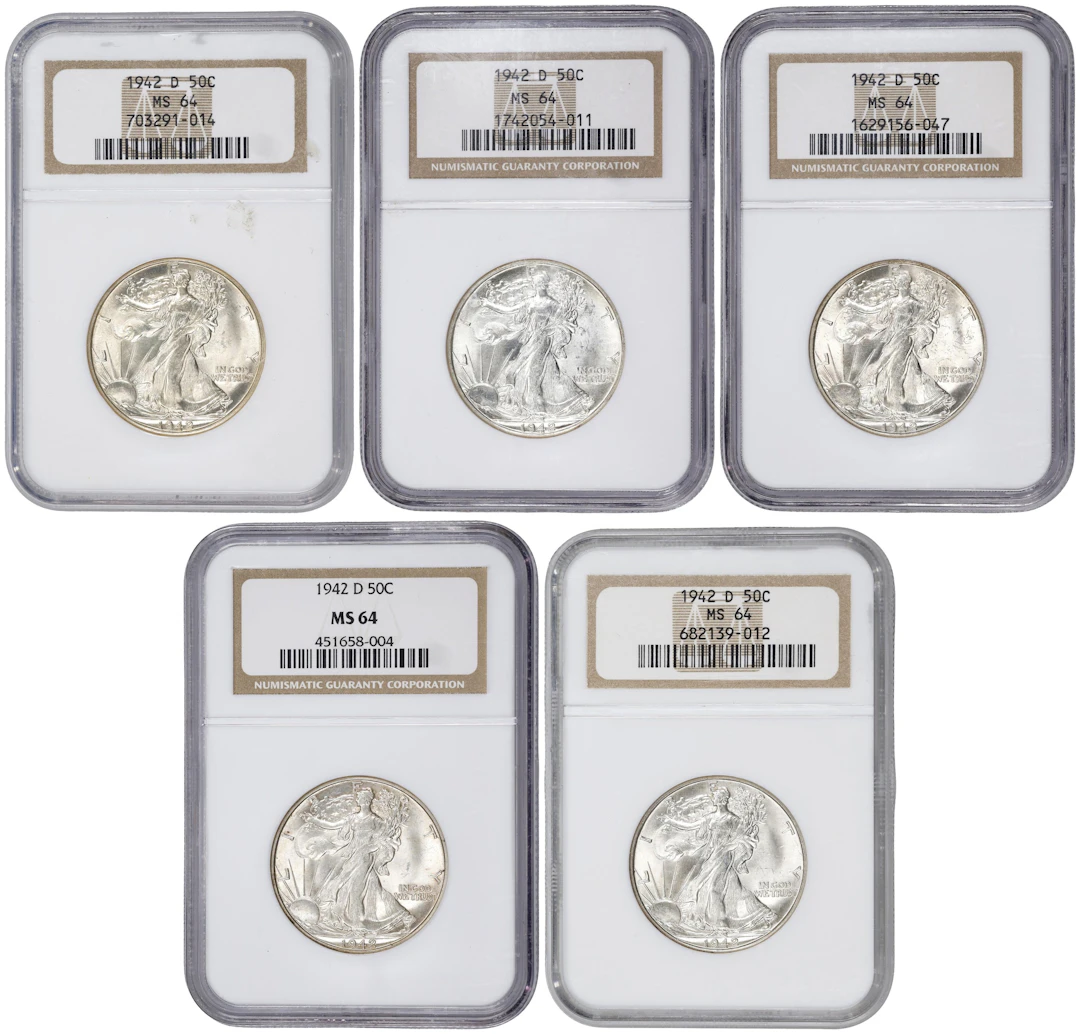 Lot of (5) 1942-D Walking Liberty Half Dollars. MS-64 (NGC).