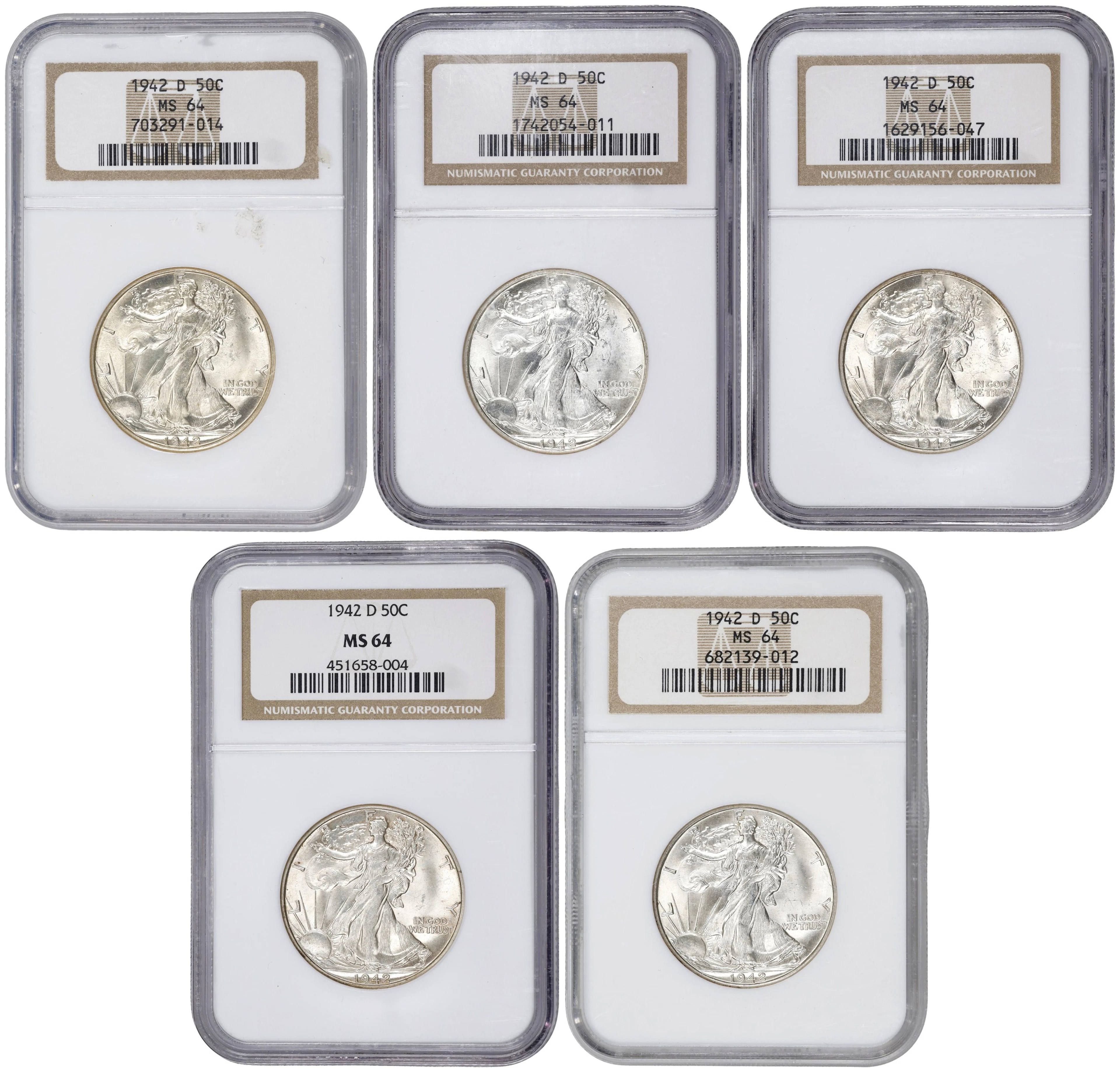 Lot of (5) 1942-D Walking Liberty Half Dollars. MS-64 (NGC).