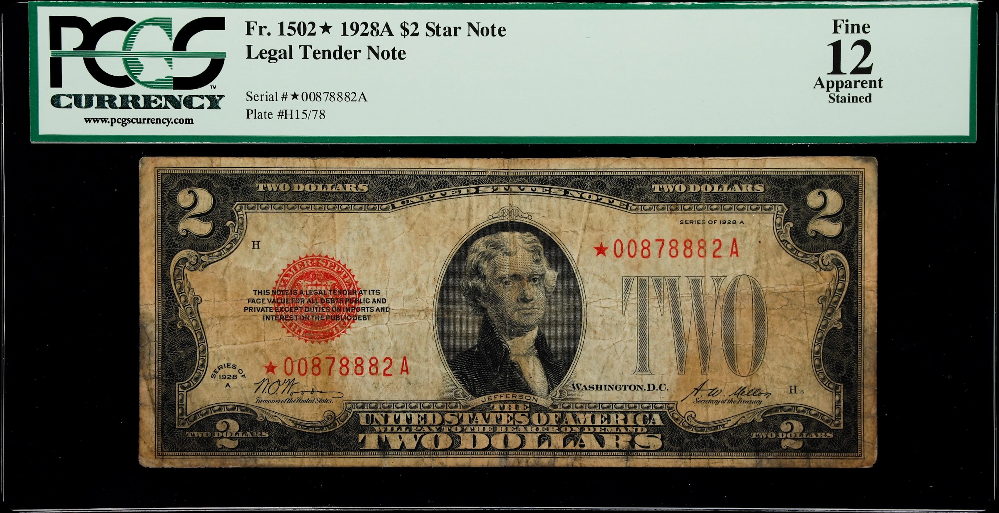 Fr. 1502*. 1928A $2 Legal Tender Star Note. PCGS Currency Fine 12