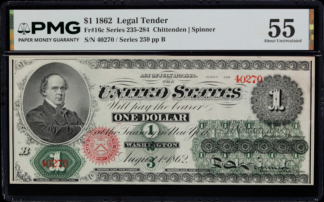 Fr. 16c. 1862 $1 Legal Tender Note. PMG About Uncirculated 55.