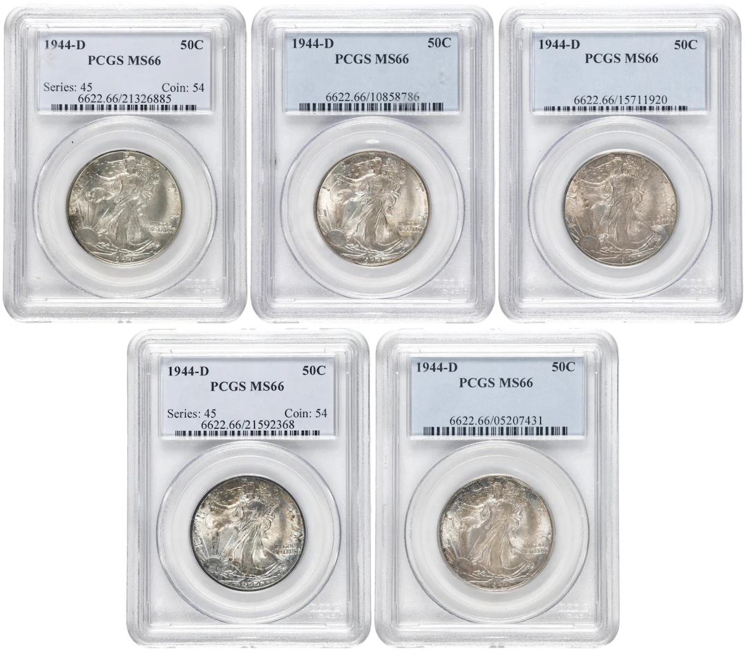 Lot of (5) 1944-D Walking Liberty Half Dollars. MS-66 (PCGS).