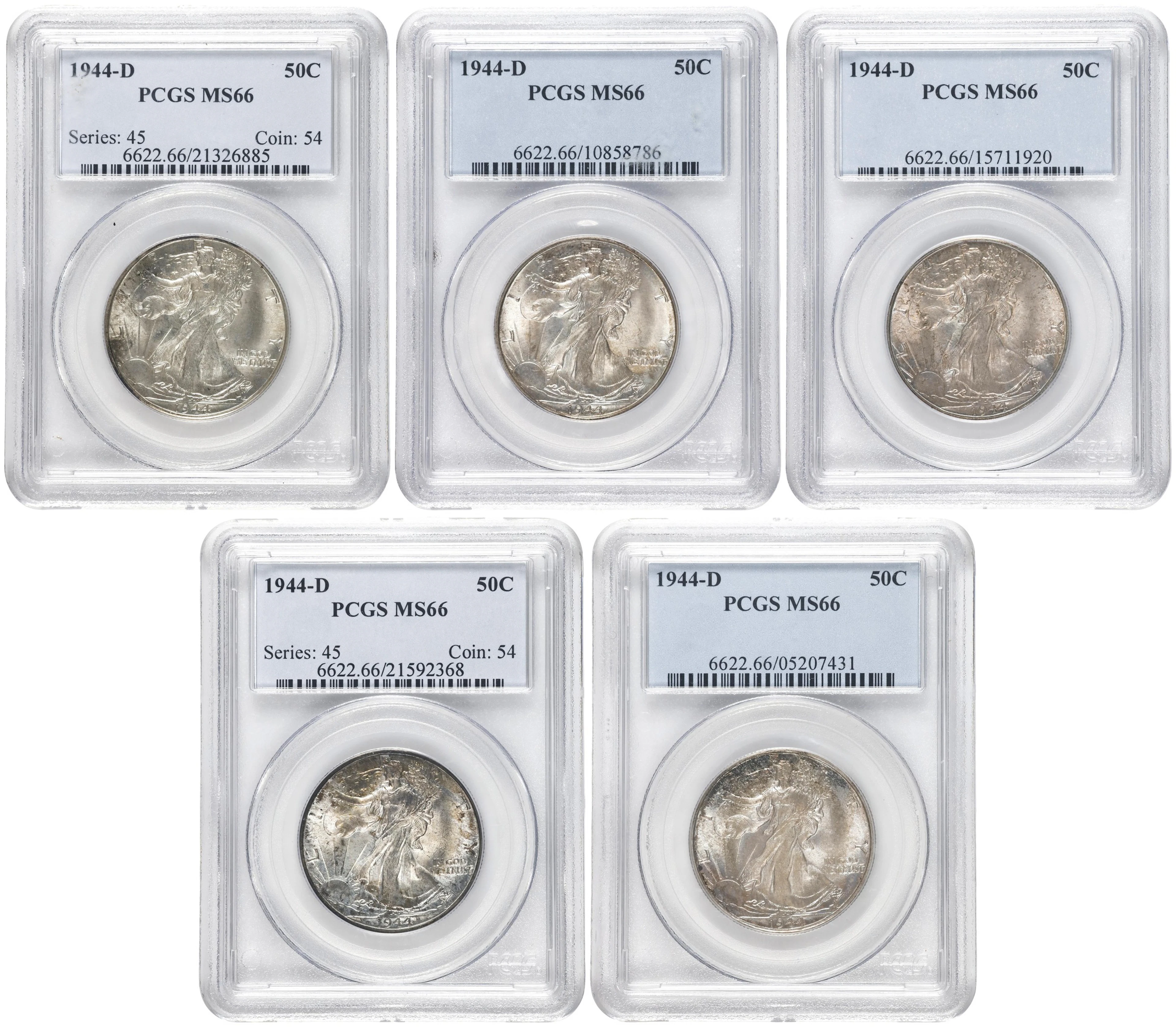 Lot of (5) 1944-D Walking Liberty Half Dollars. MS-66 (PCGS).