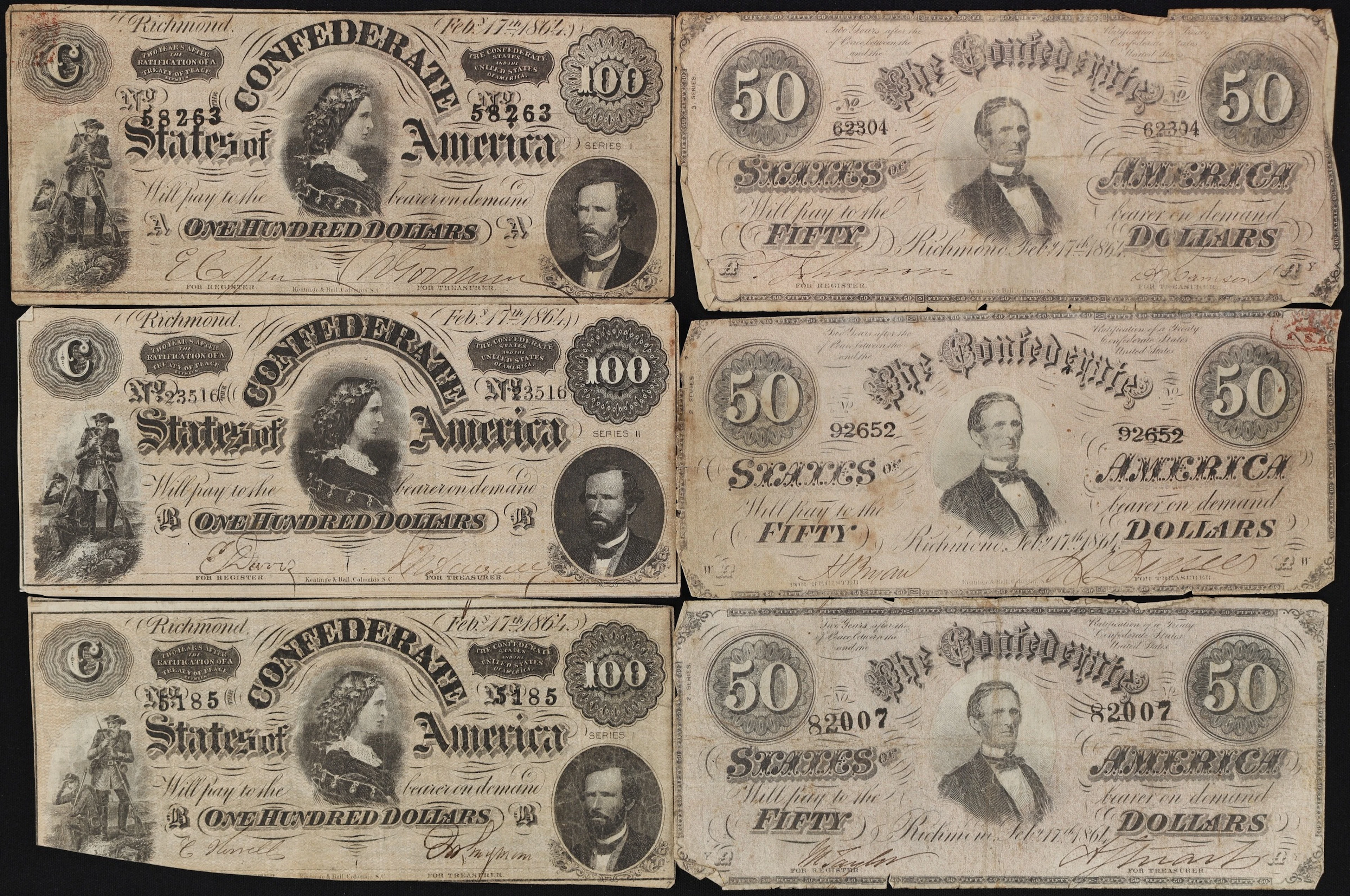 Lot of (6) T-65 & T-66. Confederate Currency. 1864 $50 & $100. Very