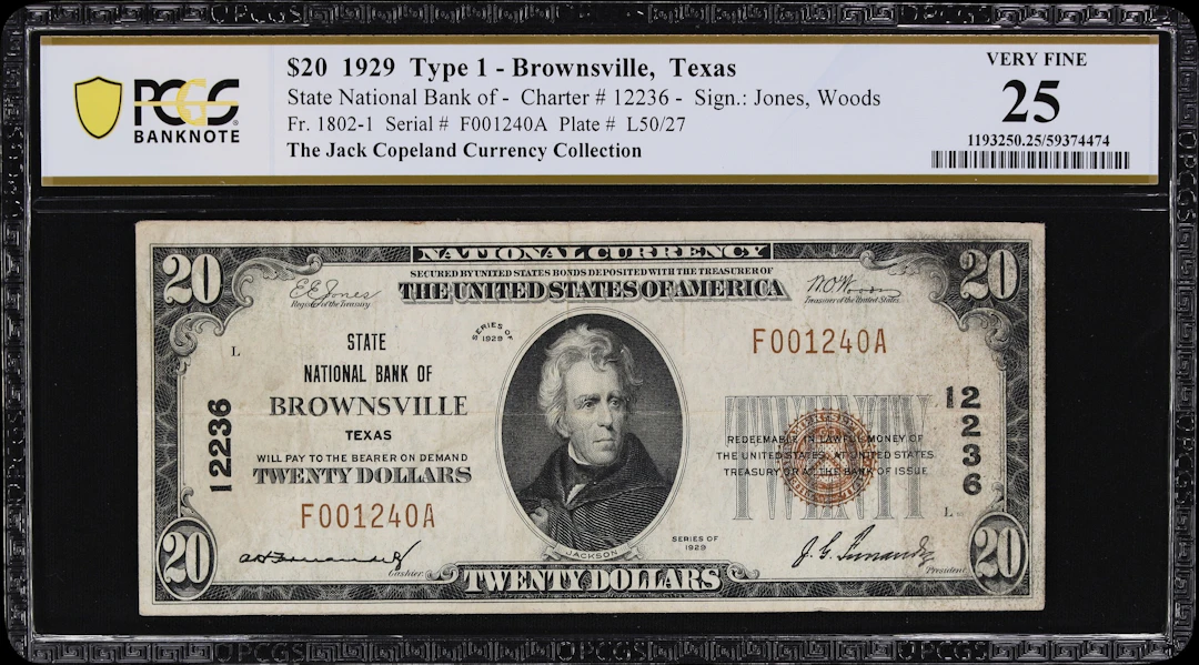 Brownsville, Texas. $20 1929 Ty. 1. Fr. 1802-1. State NB. Charter