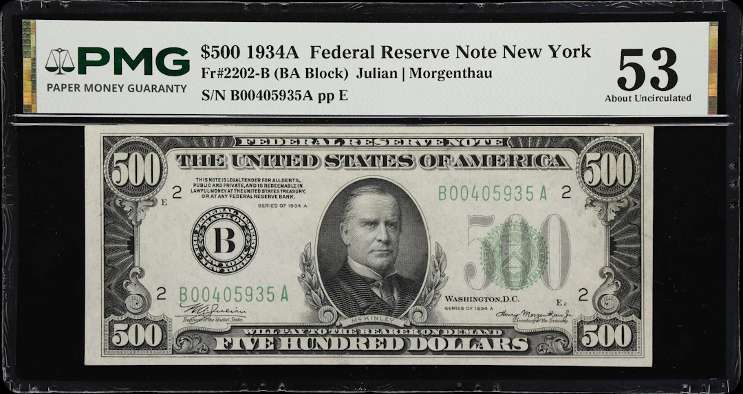 Fr. 2202-B. 1934A $500 Federal Reserve Note. New York. PMG About Uncirculated