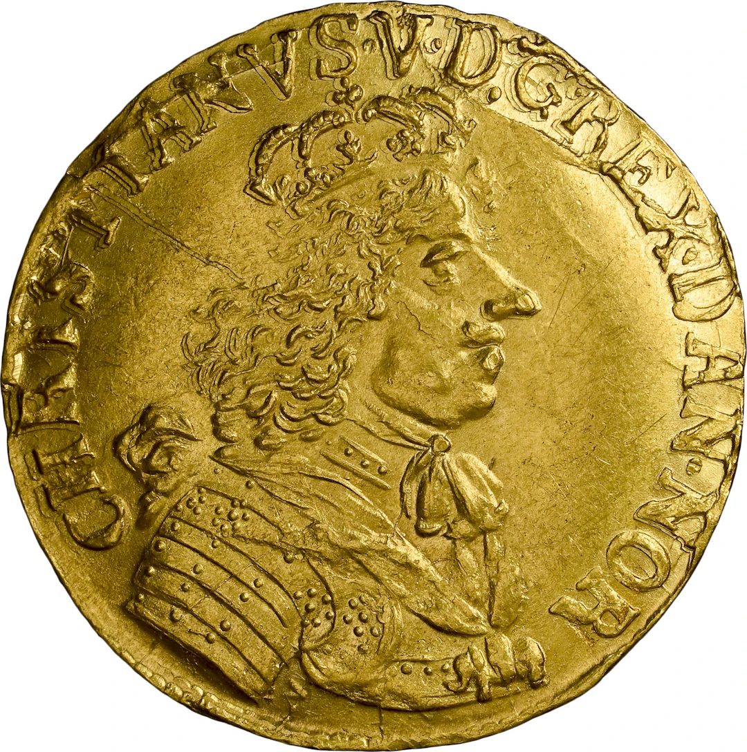 DENMARK. Ducat, 1673. Glückstadt Mint. Christian V. NGC MS-63.