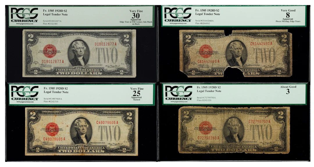 Lot of (4) Fr. 1505. 1928D $2 Legal Tender Notes. PCGS Currency About