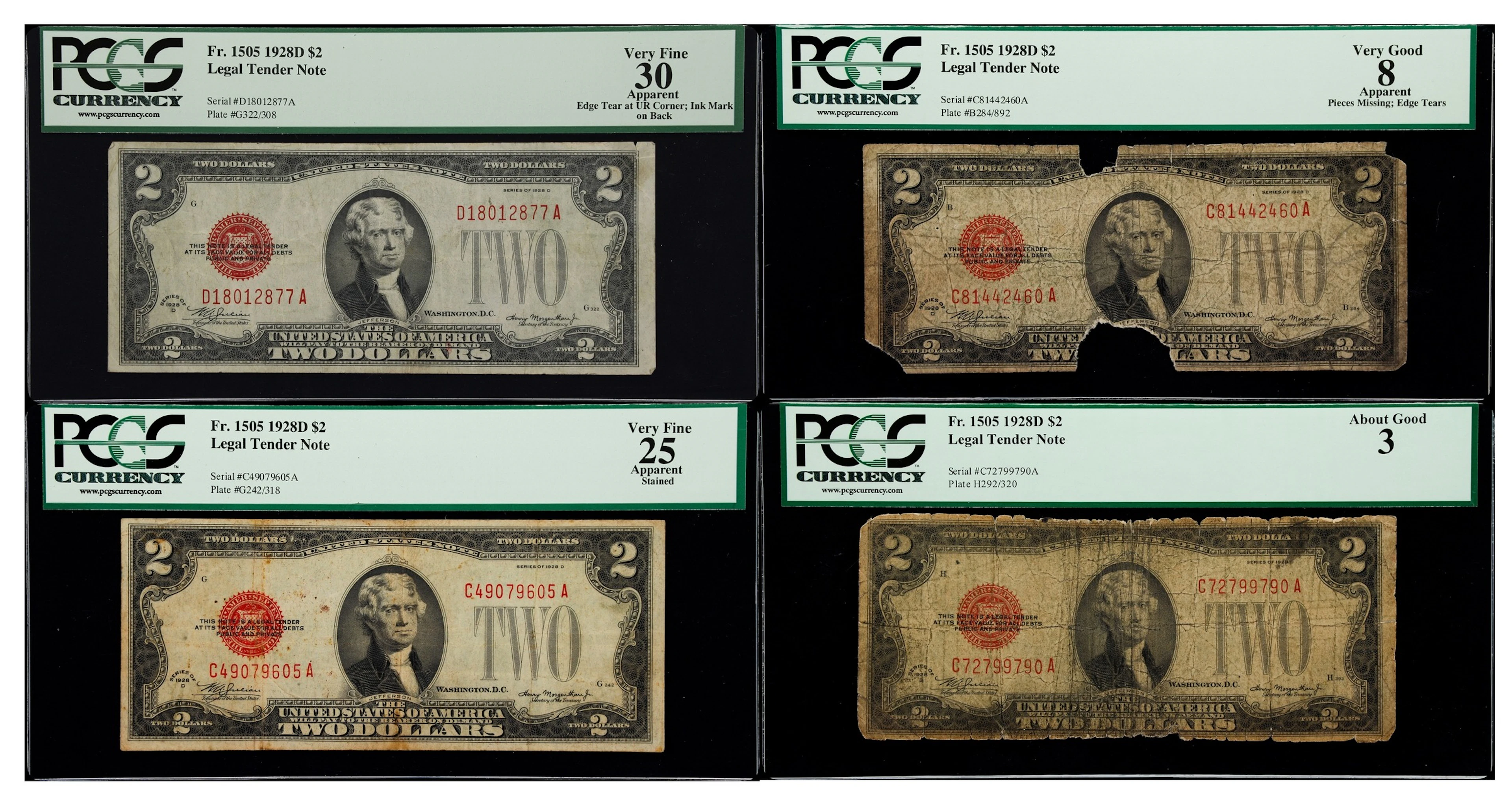Lot of (4) Fr. 1505. 1928D $2 Legal Tender Notes. PCGS Currency About