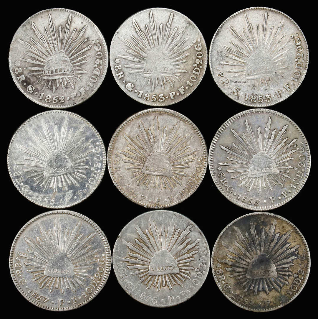 MEXICO. Nonet of 8 Reales (9 Pieces), 1852-59. Guanajuato Mint. Grade
