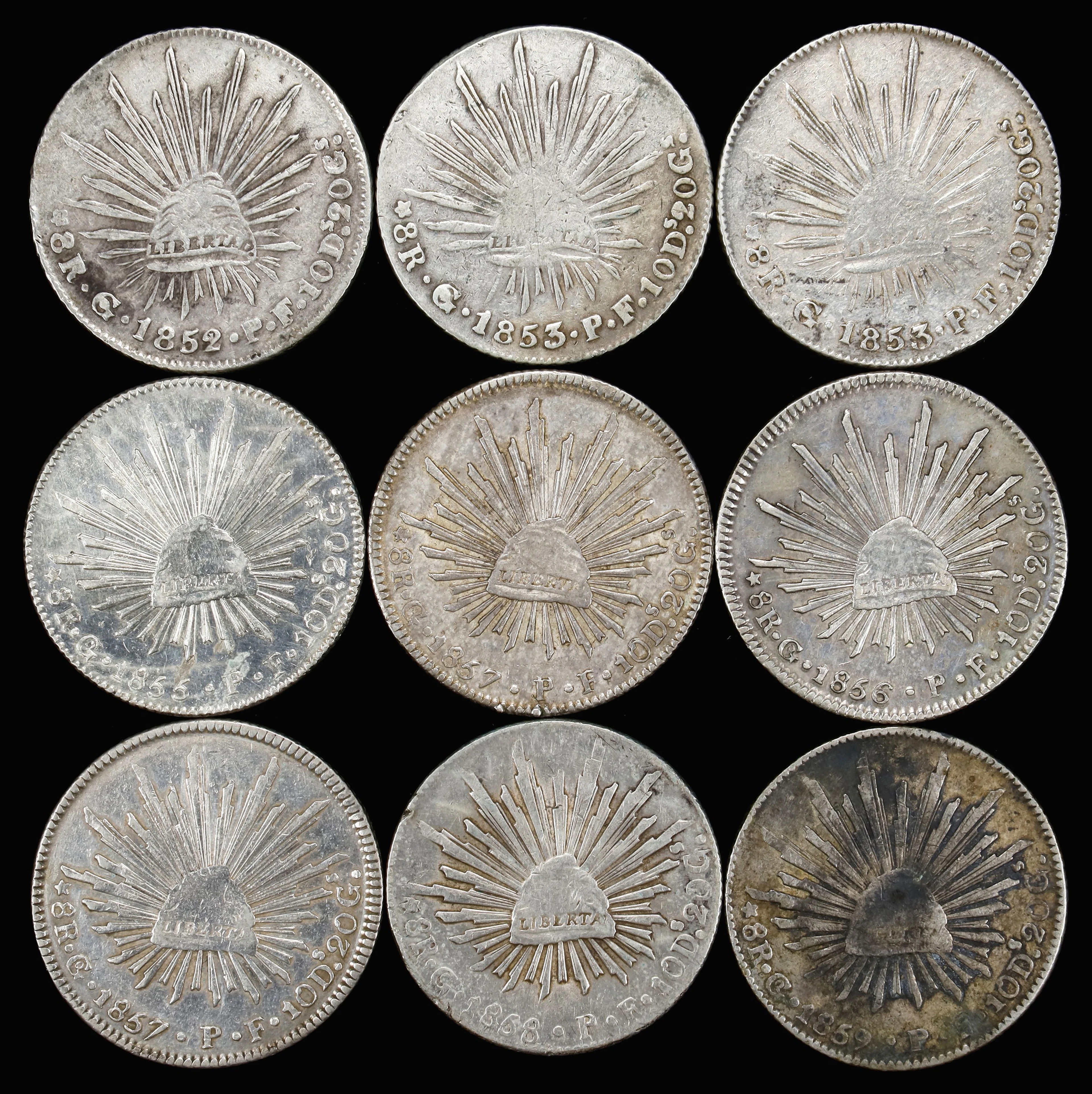 MEXICO. Nonet of 8 Reales (9 Pieces), 1852-59. Guanajuato Mint. Grade