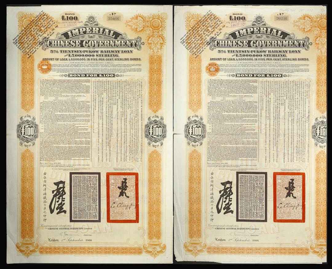 CHINA--EMPIRE. Lot of (2). 1908 5% Imperial Chinese Government Tientsin-Pukow