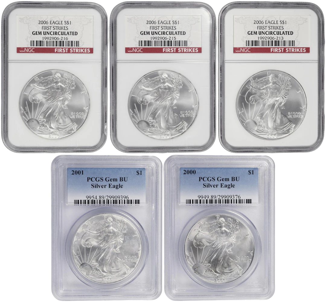 (5 oz, 155.52 g ASW). Lot of (5) Mixed Date American Silver Eagles.