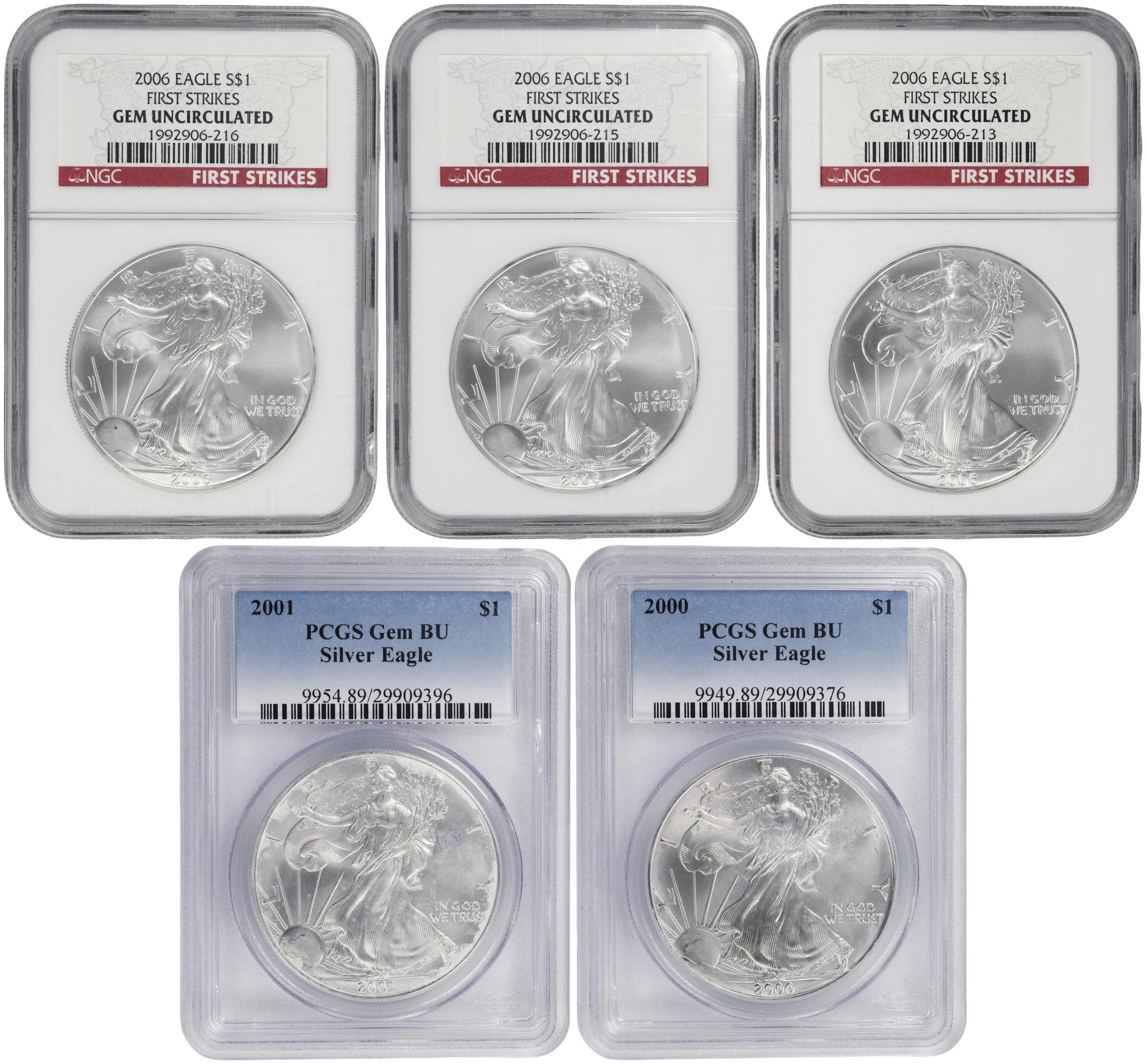 (5 oz, 155.52 g ASW). Lot of (5) Mixed Date American Silver Eagles.