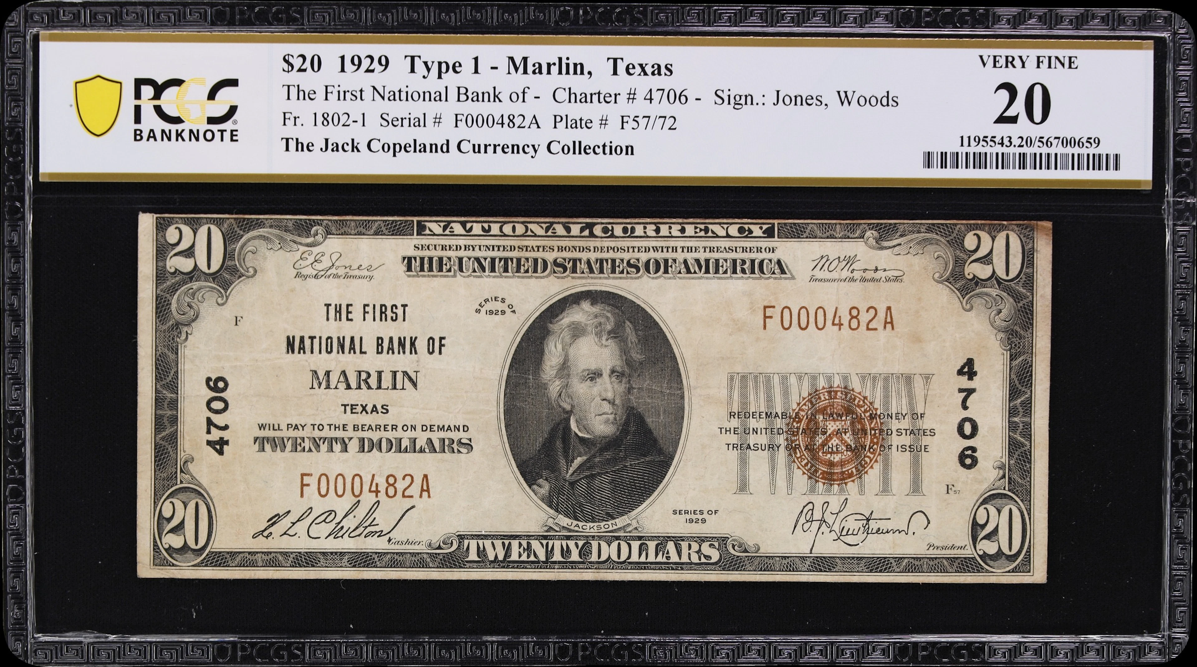 Marlin, Texas. $20 1929 Ty. 1. Fr. 1802-1. First NB. Charter #4706.